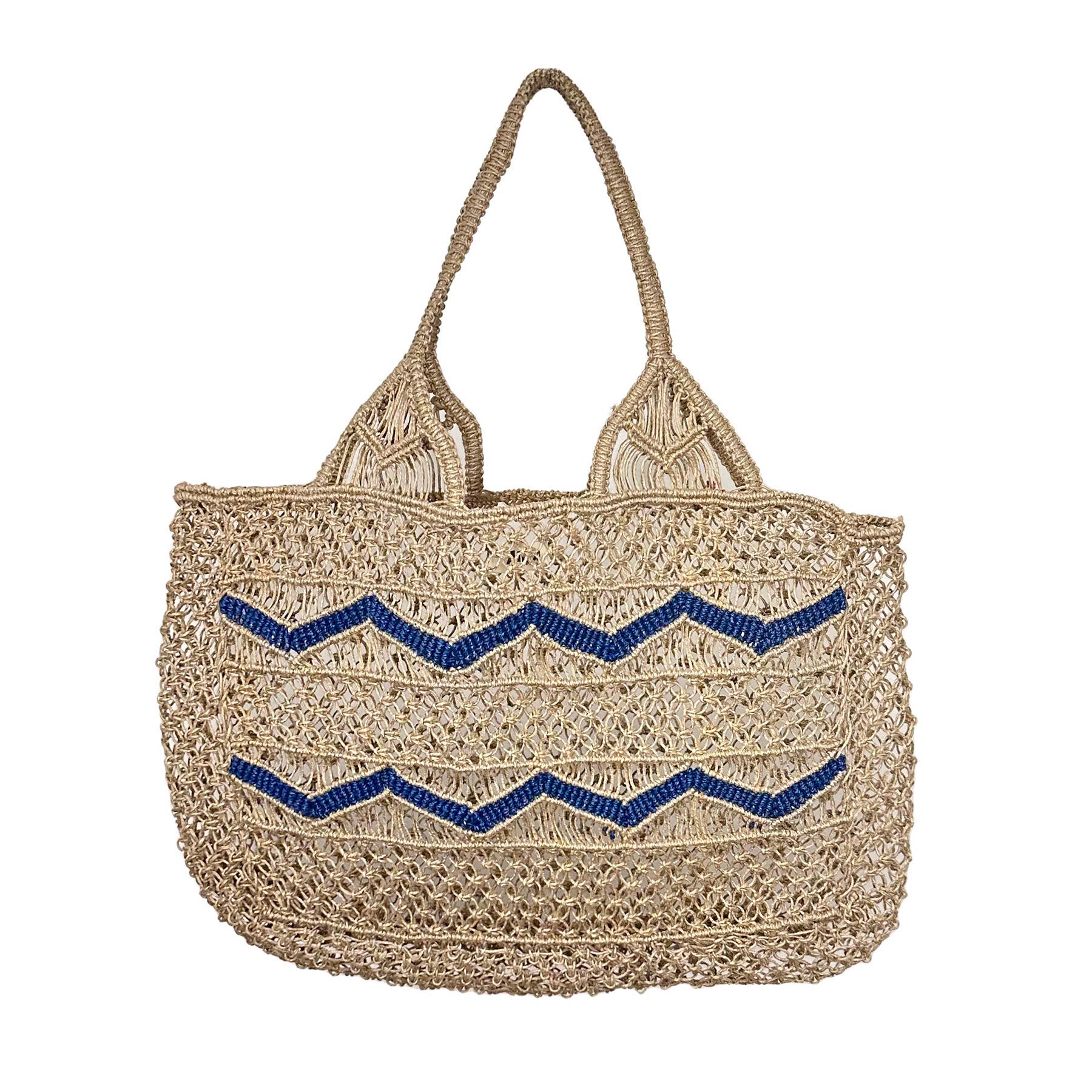Leona Chevron Woven Jute Beach Bags - Blue