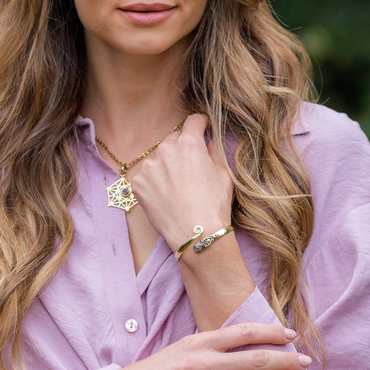Tanvi Collection Bangle Bracelet - Gold with Rose Quartz