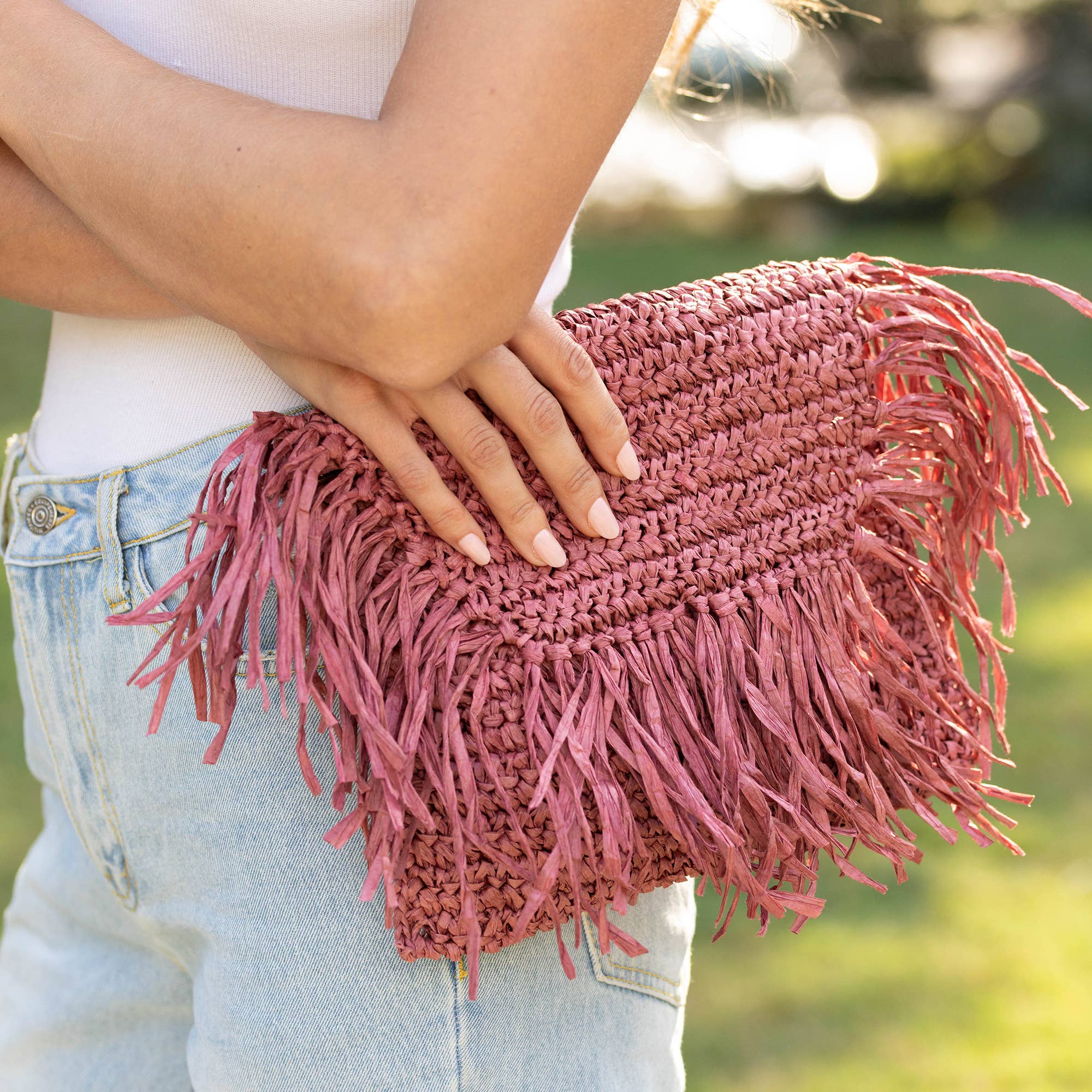 Rhea Bag - Raffia Fringe Envelope Crossbody Bag - Pink