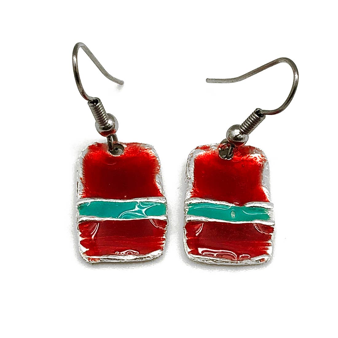Pewter Earrings with Color Enamel - Red/Aqua