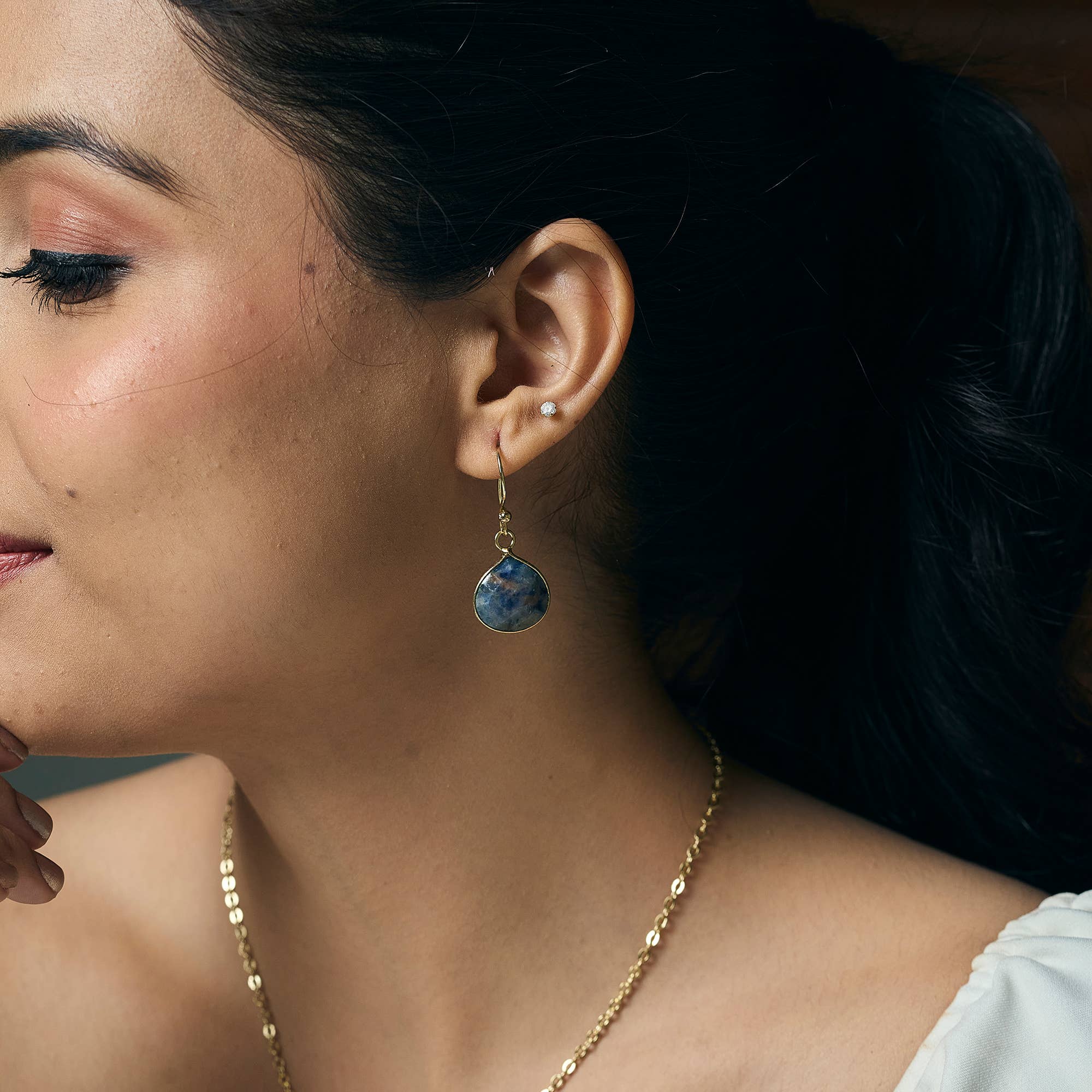 Gold Plated Earrings with Semi-Precious Stone - Sodalite