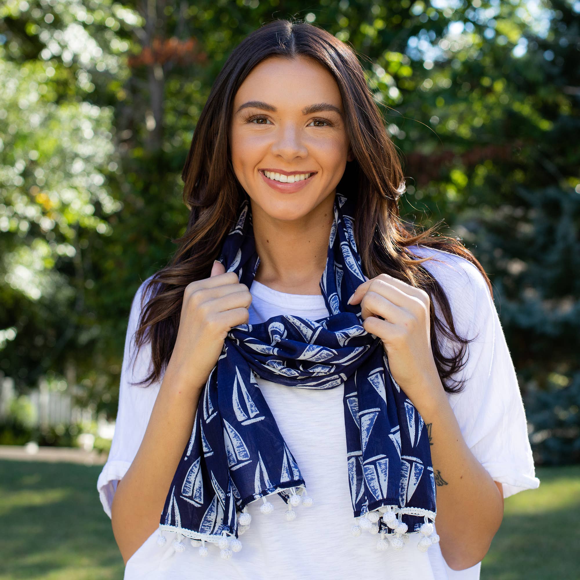 Block Printed Cotton Scarf - Navy Blue Sailboats