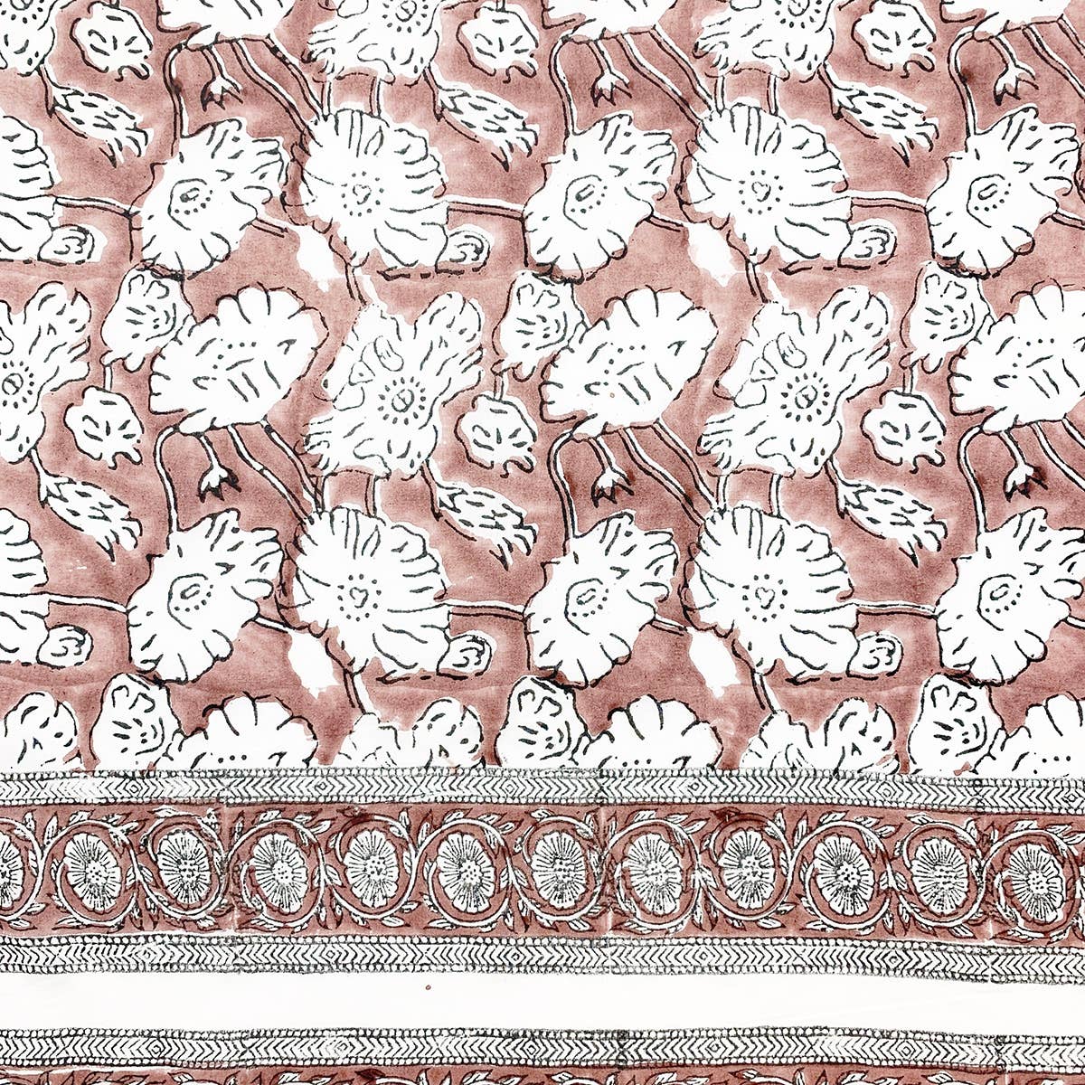 Block Printed Cotton Scarf - Taupe and White Abstract Floral