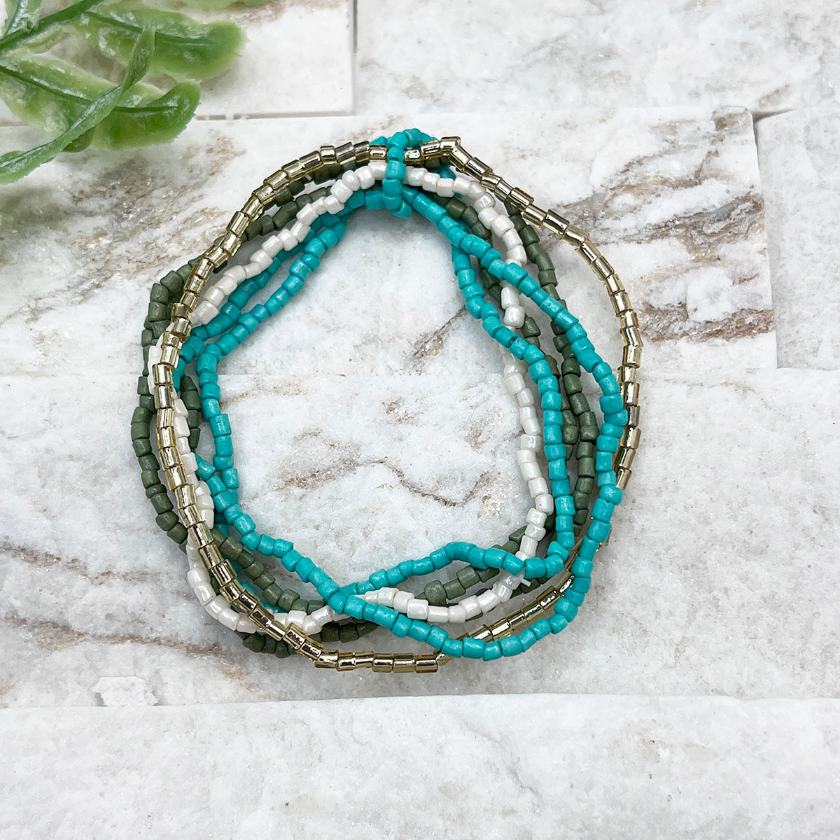Seed Bead Stretchy Bunch Bracelets - Turquoise and Olive