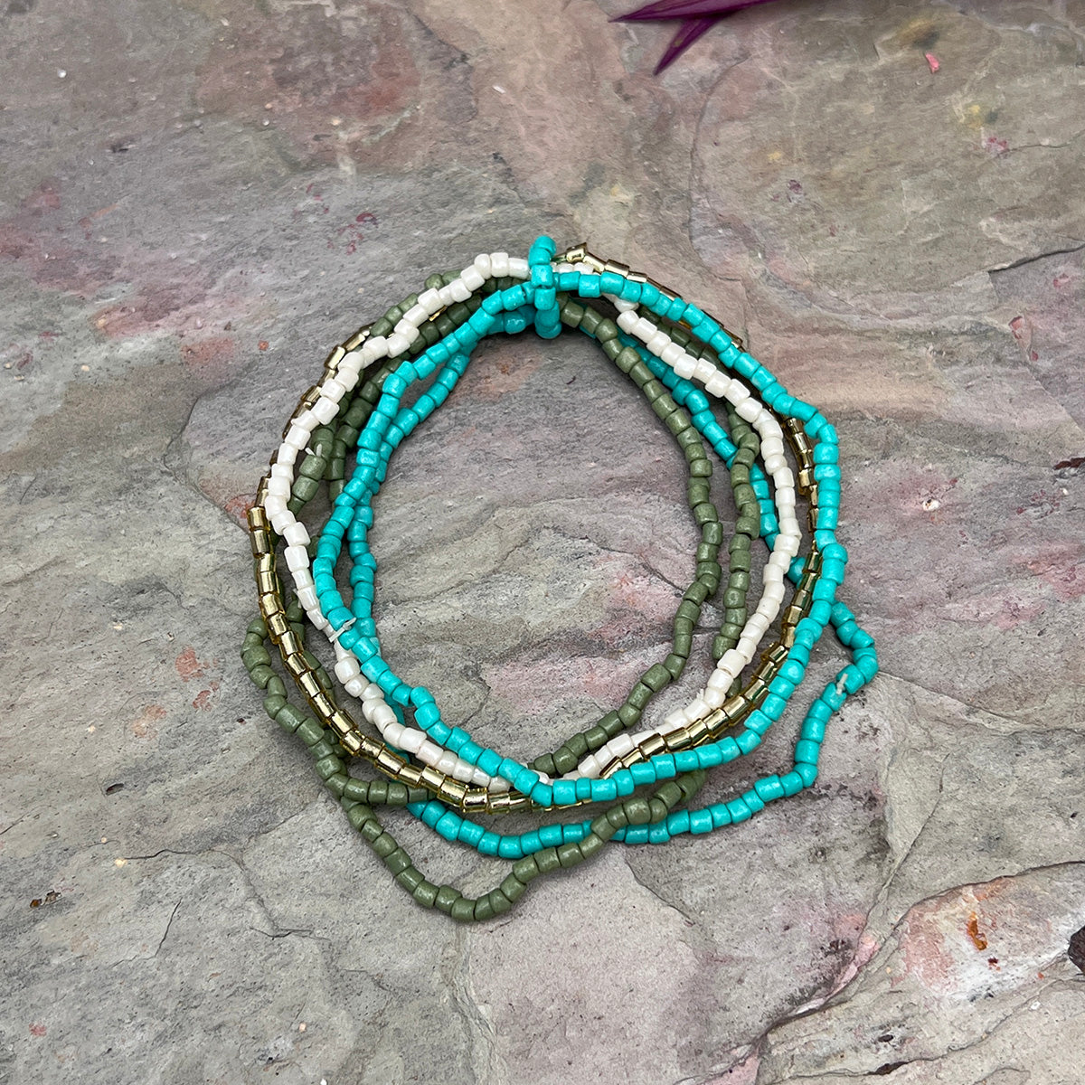 Seed Bead Stretchy Bunch Bracelets - Turquoise and Olive