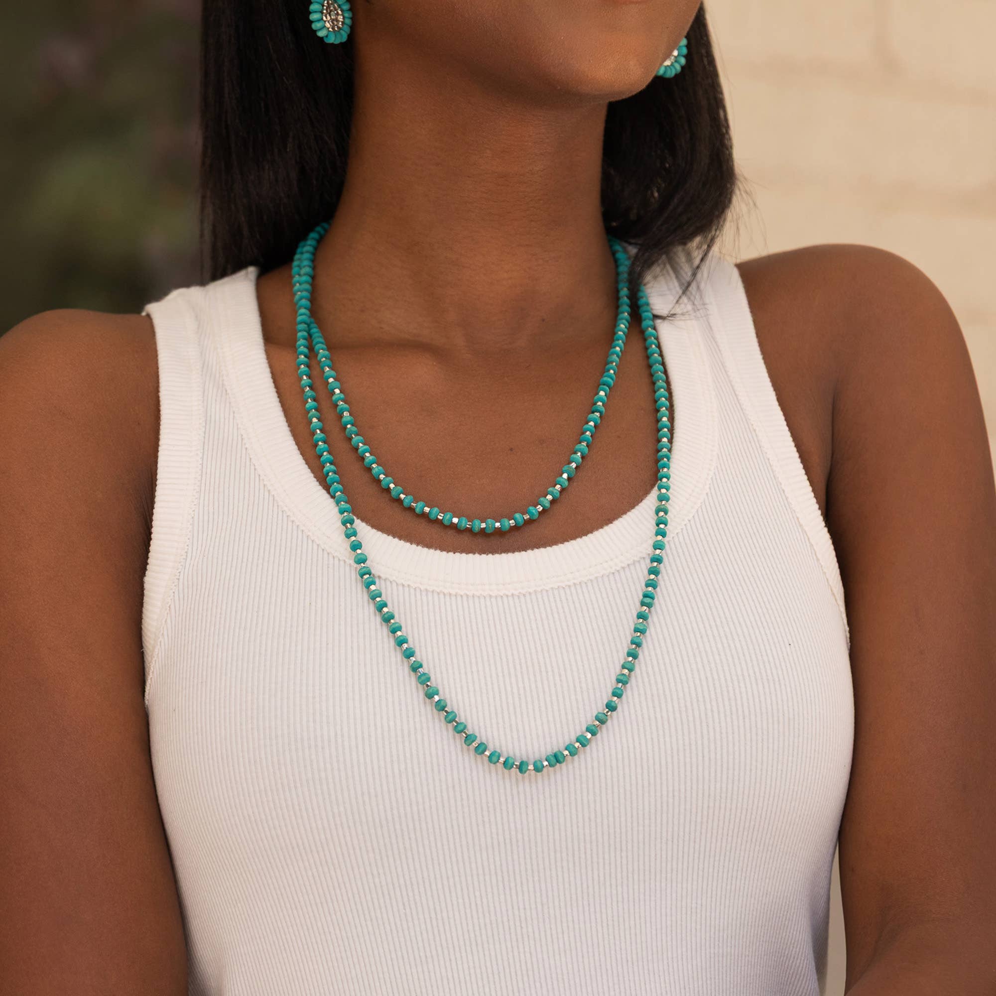 Sachi Long Wood Bead Necklace - Turquoise