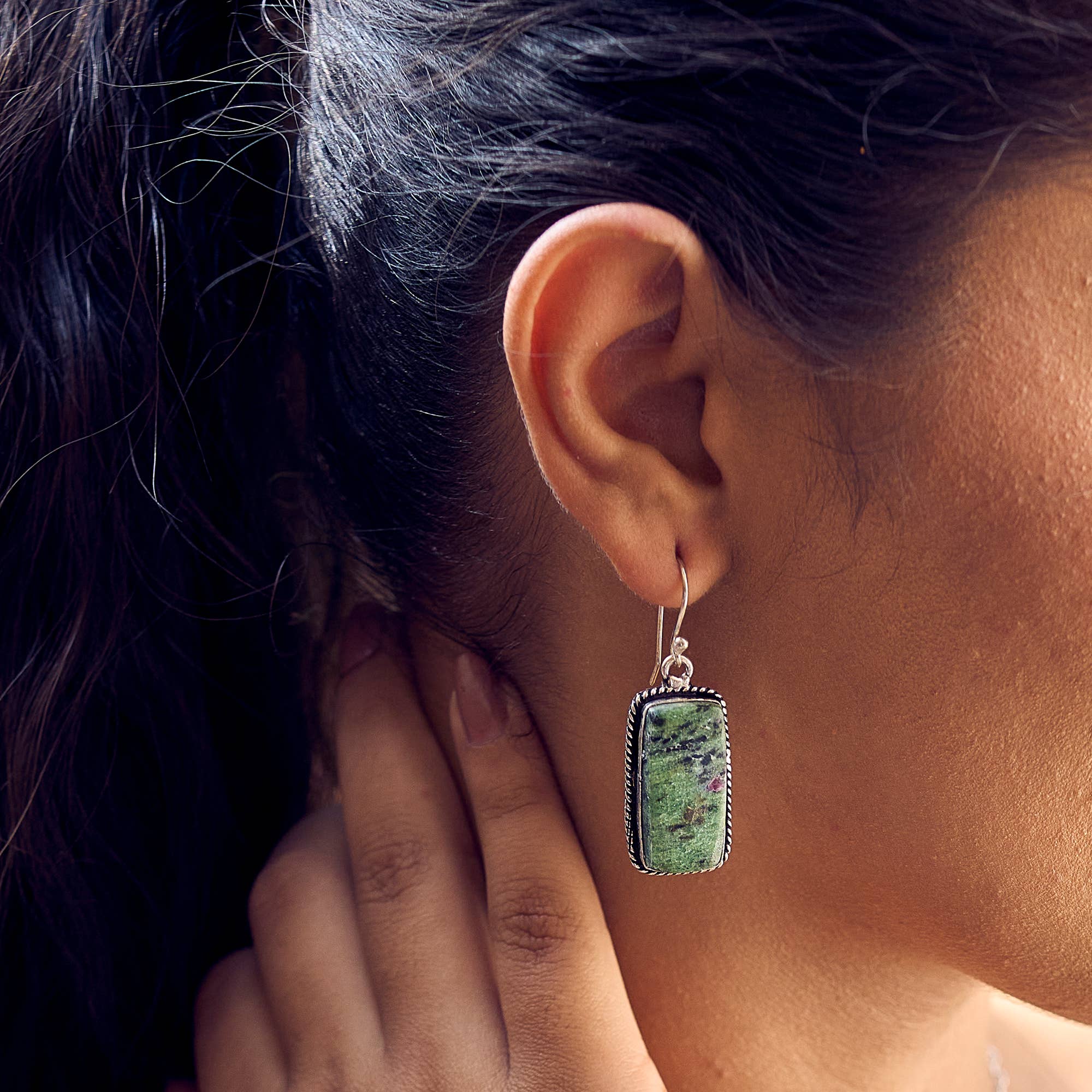 Handicrafted Kashi Semiprecious Stone Earrings -Ruby Zoisite