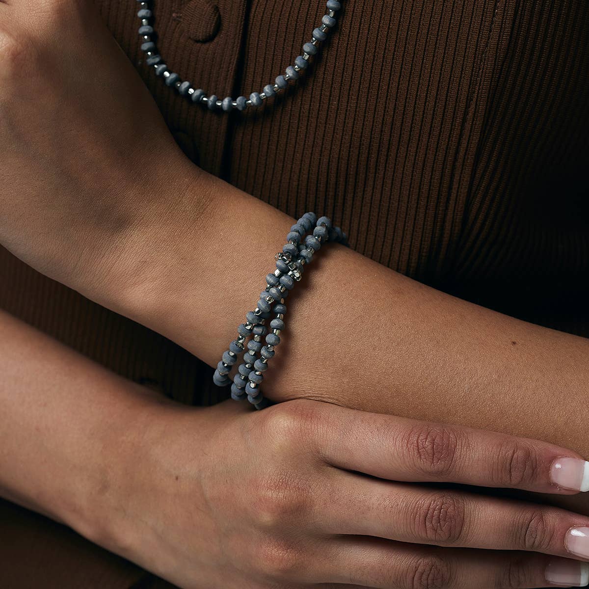 Sachi Wood Bead Wrap Bracelet - Grey