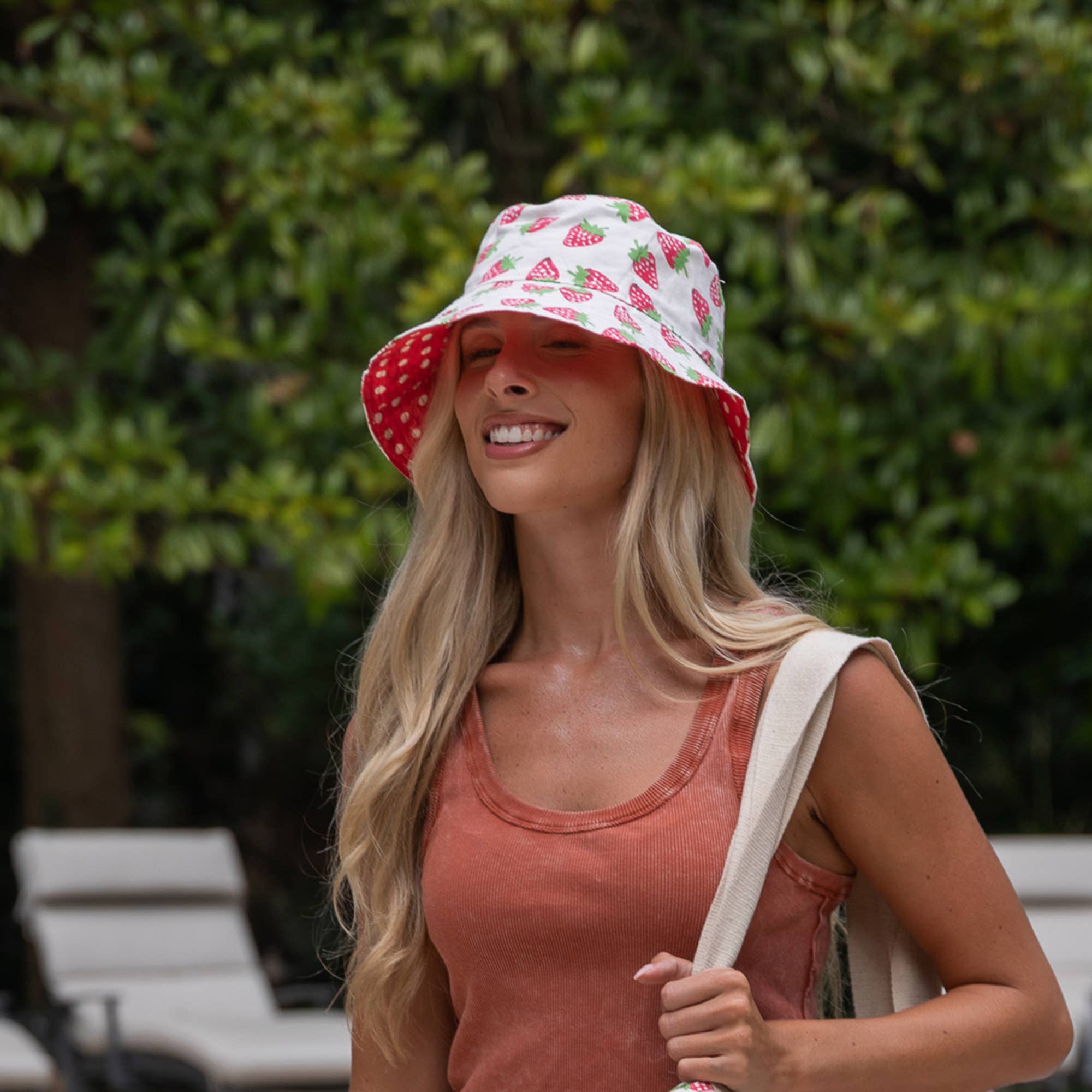 Block-Printed Canvas Strawberries Bucket Hat