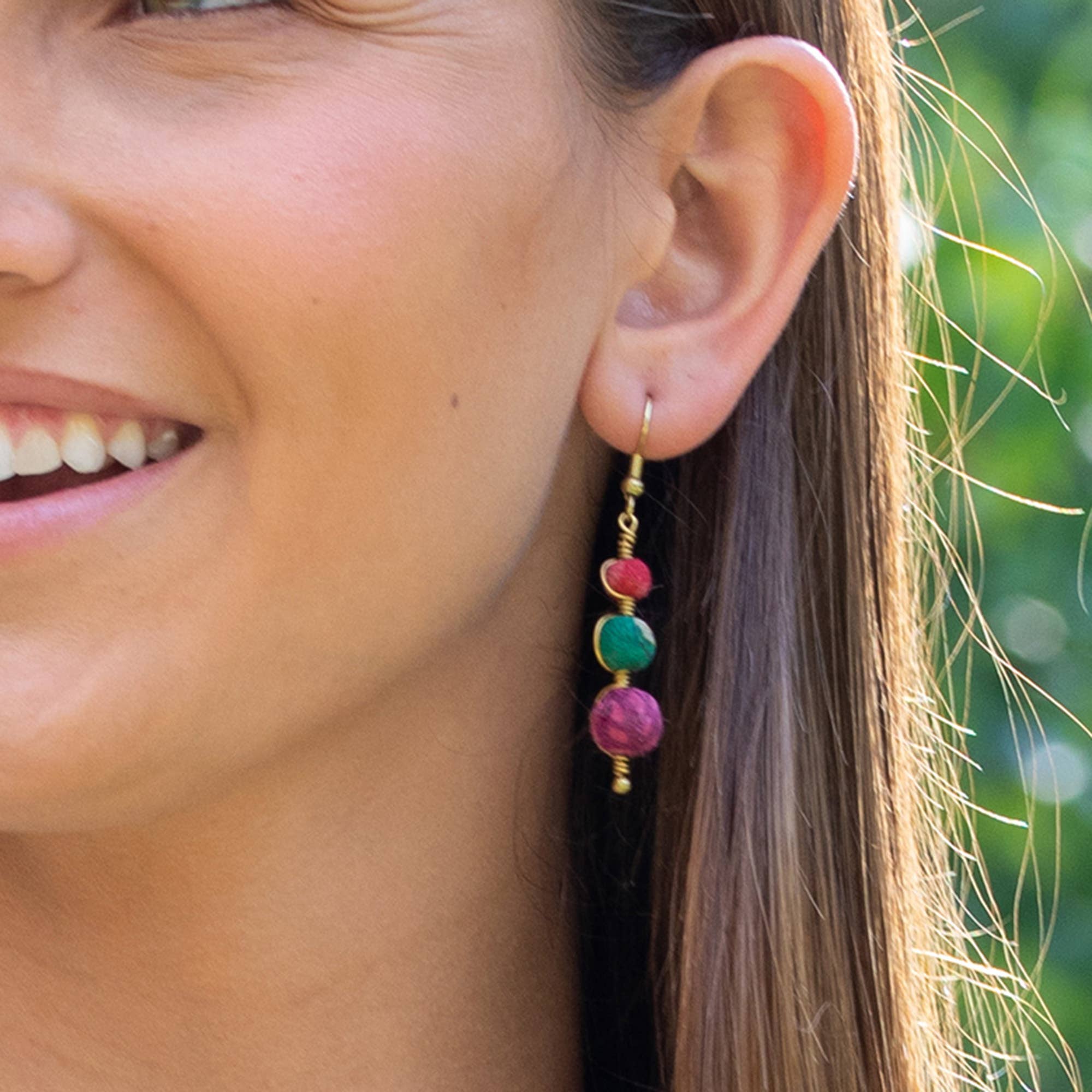 Aasha Graduated Wrapped Beads Kantha Coiled Wire Earrings
