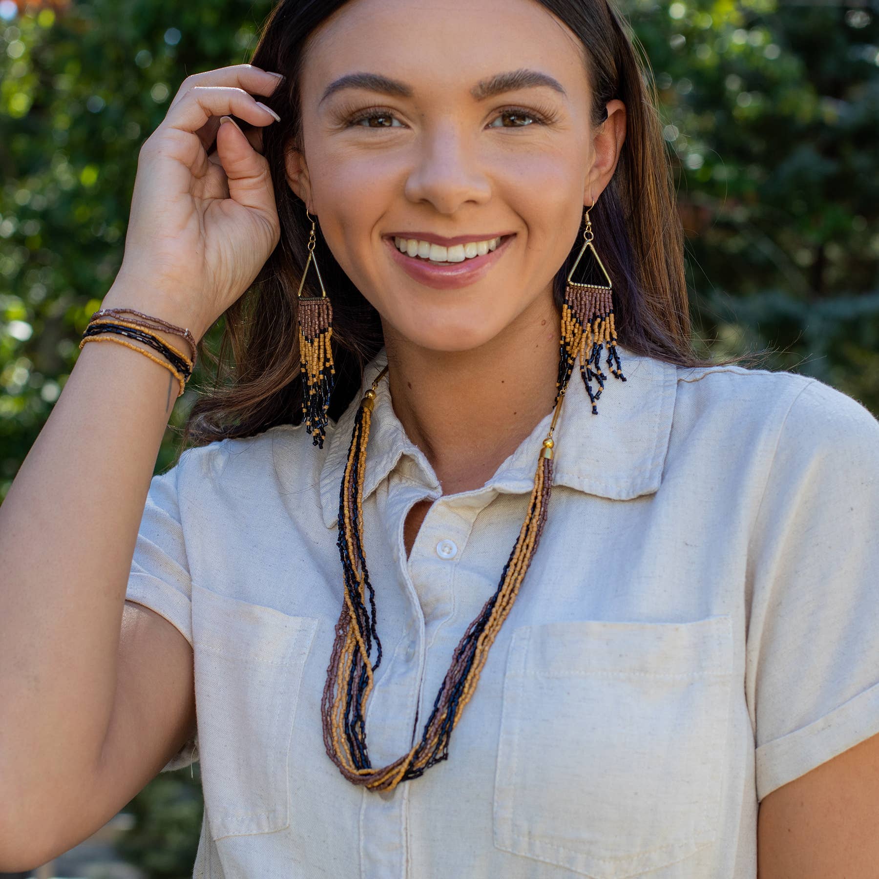 Sachi Beaded Safari Necklace - Brown Black Tan Multistrand
