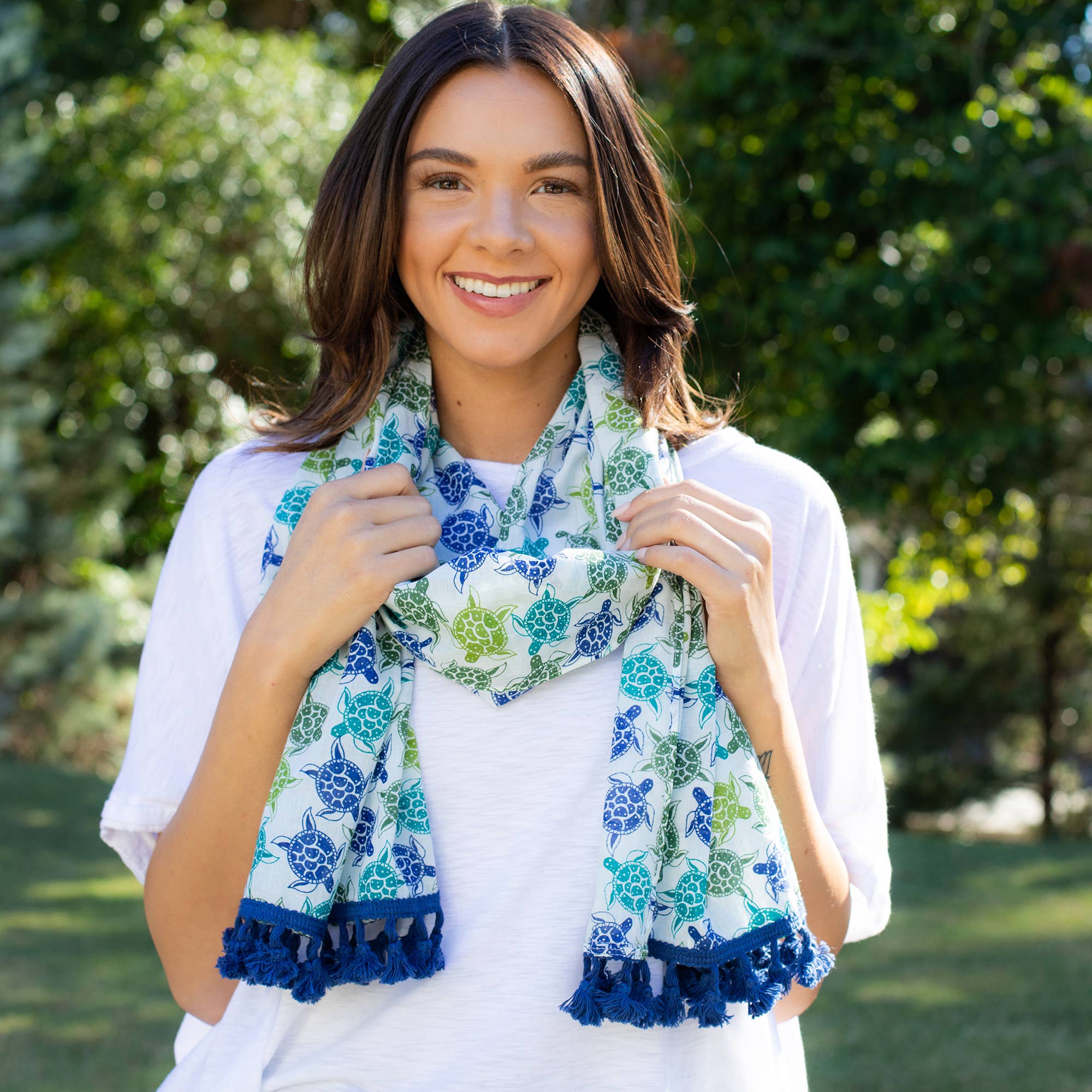 Block Printed Cotton Scarf - Blue and Green Allover Turtles
