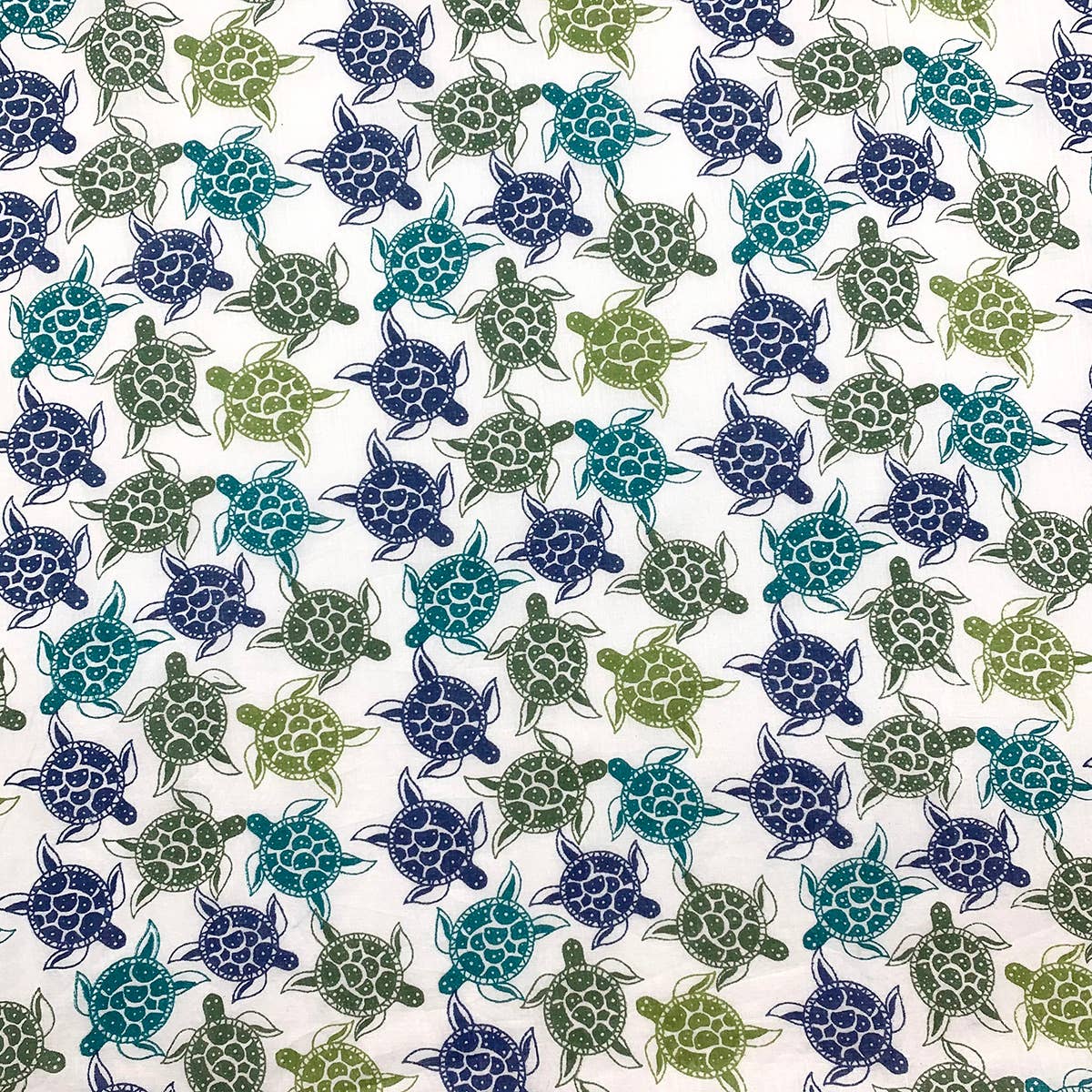 Block Printed Cotton Scarf - Blue and Green Allover Turtles