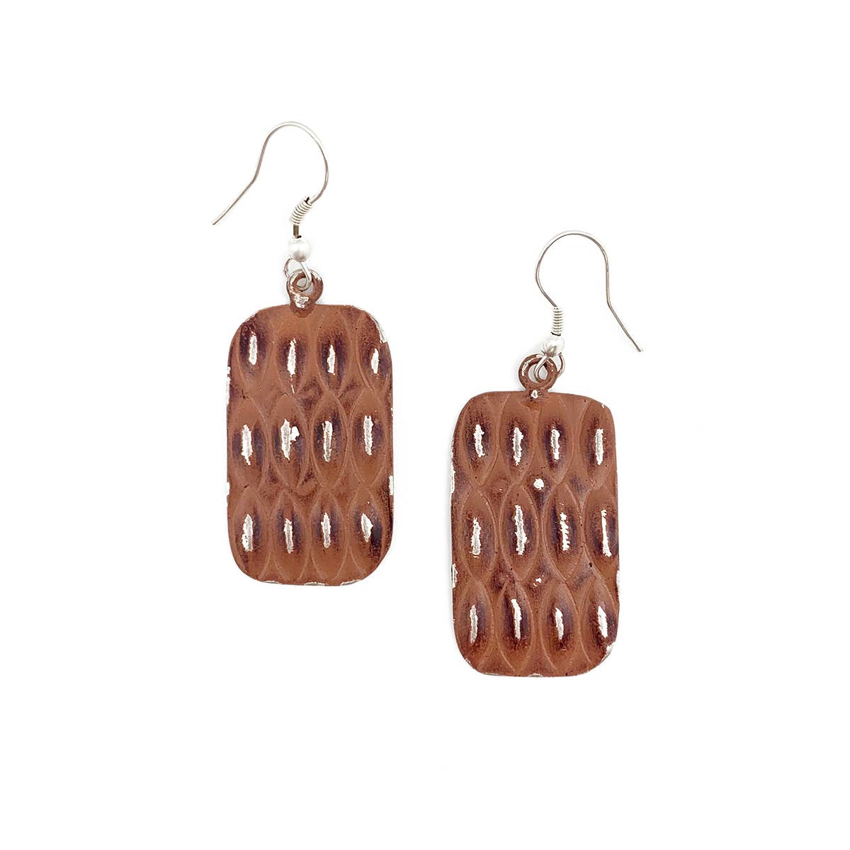 Silver Patina Earrings - Rust Feather Rectangle