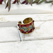 Handcrafted Two-Tone Dotted Leaf Brass Patina Ring