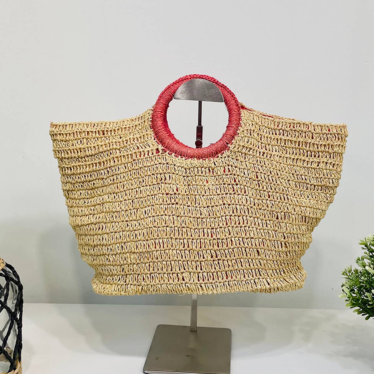 Cali Basket Raffia Bag with Colorful Wrapped Wooden Handle - Pink
