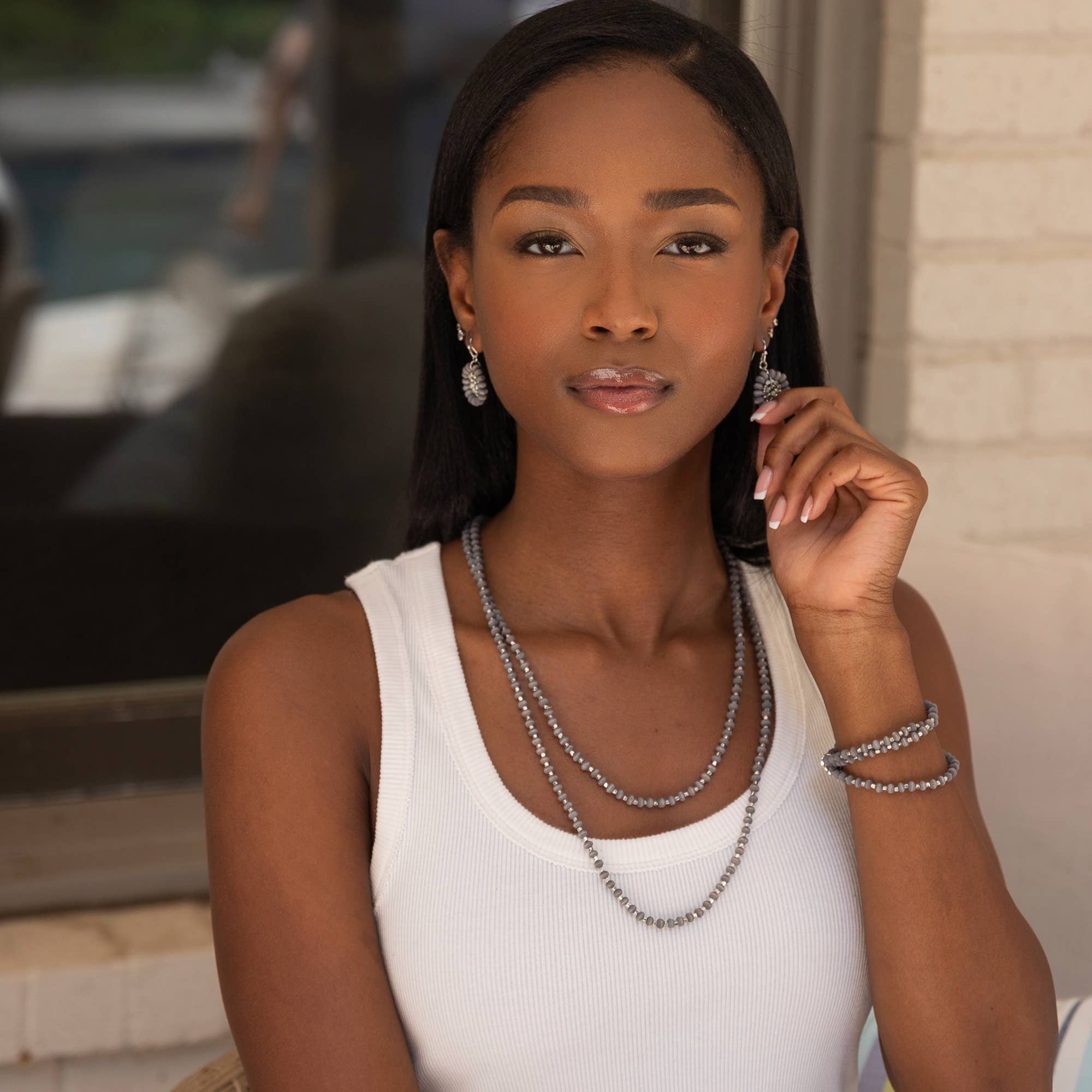 Sachi Long Wood Bead Necklace - Grey