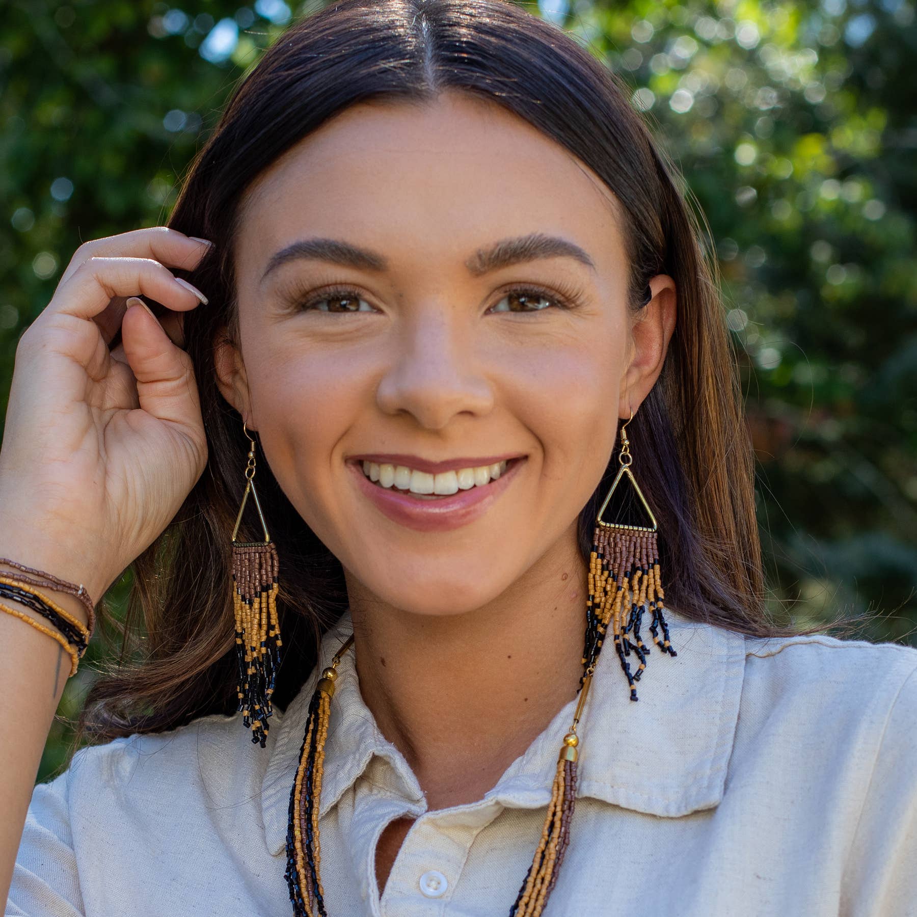 Sachi Beaded Safari Earrings - Open Triangle and Bead Fringe