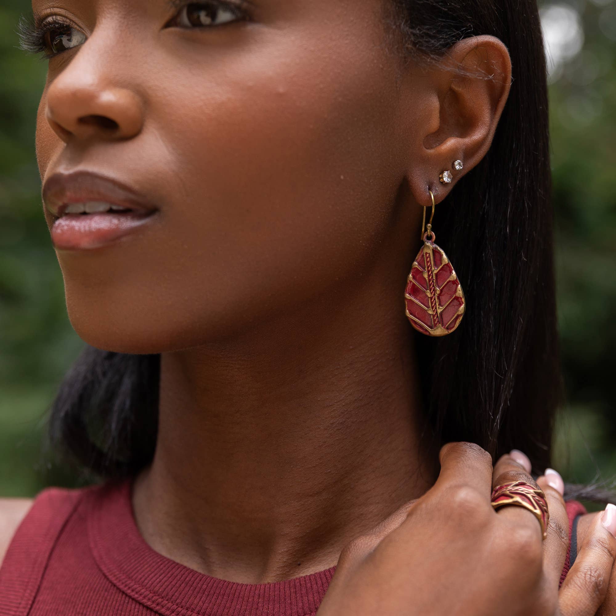 Handcrafted Bright Red Leaf Vein Brass Patina Earrings