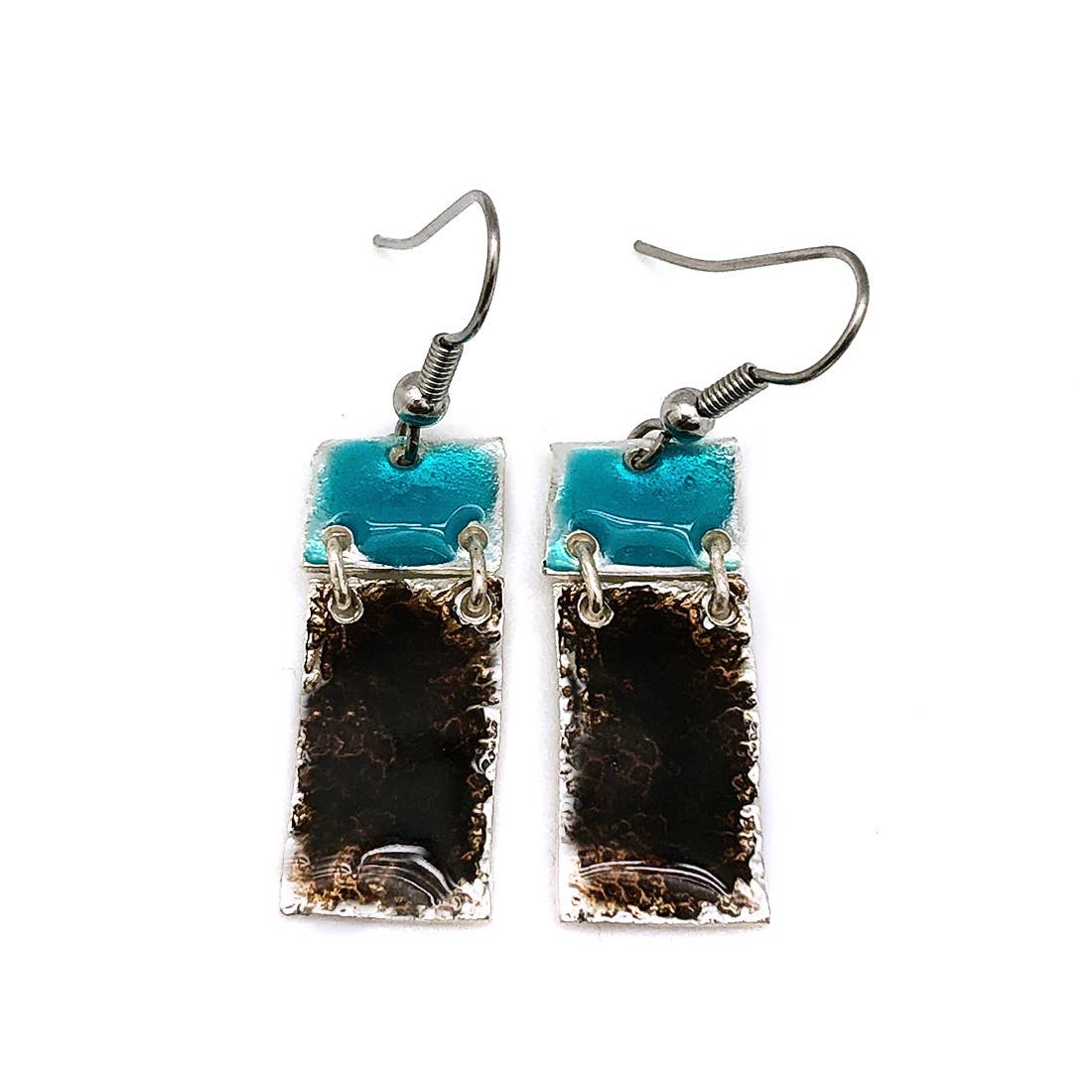 Pewter Earrings with Color Enamel - Turquoise/Brown
