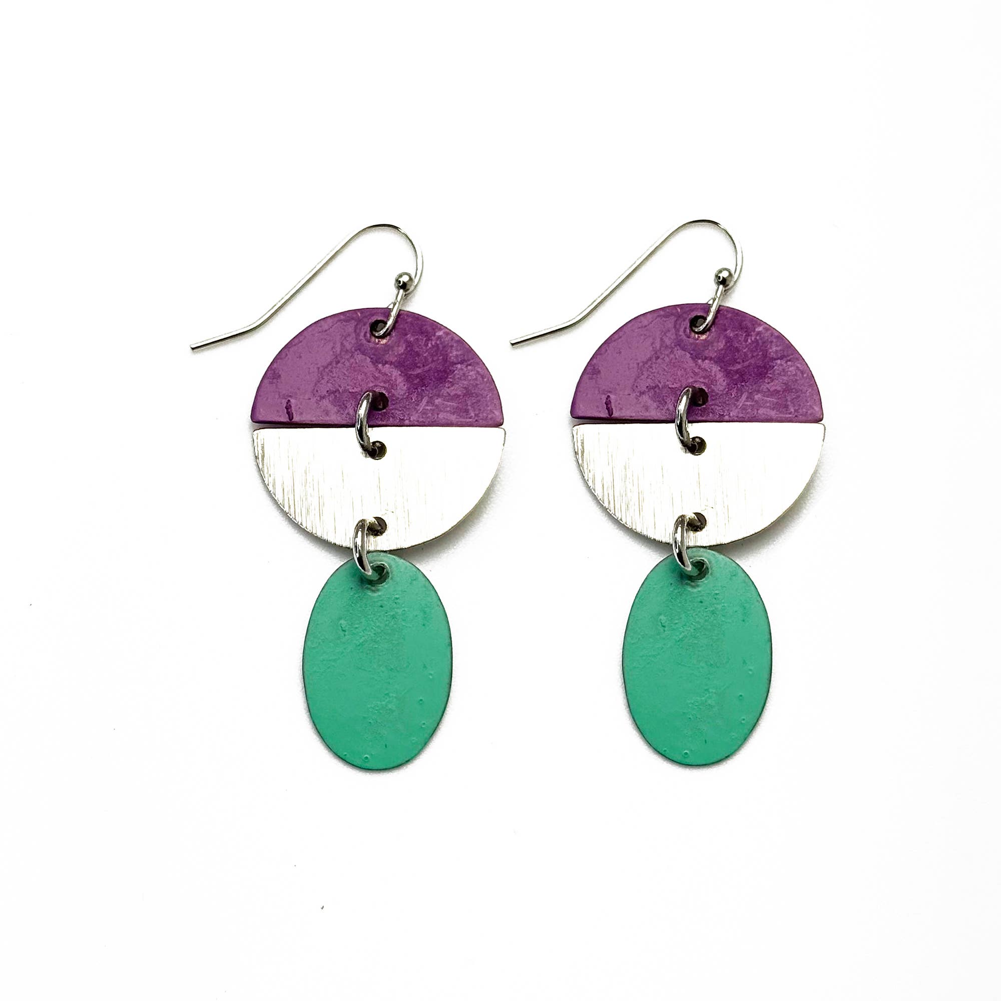 Handcrafted Purple & Green Patina Geometric Earrings