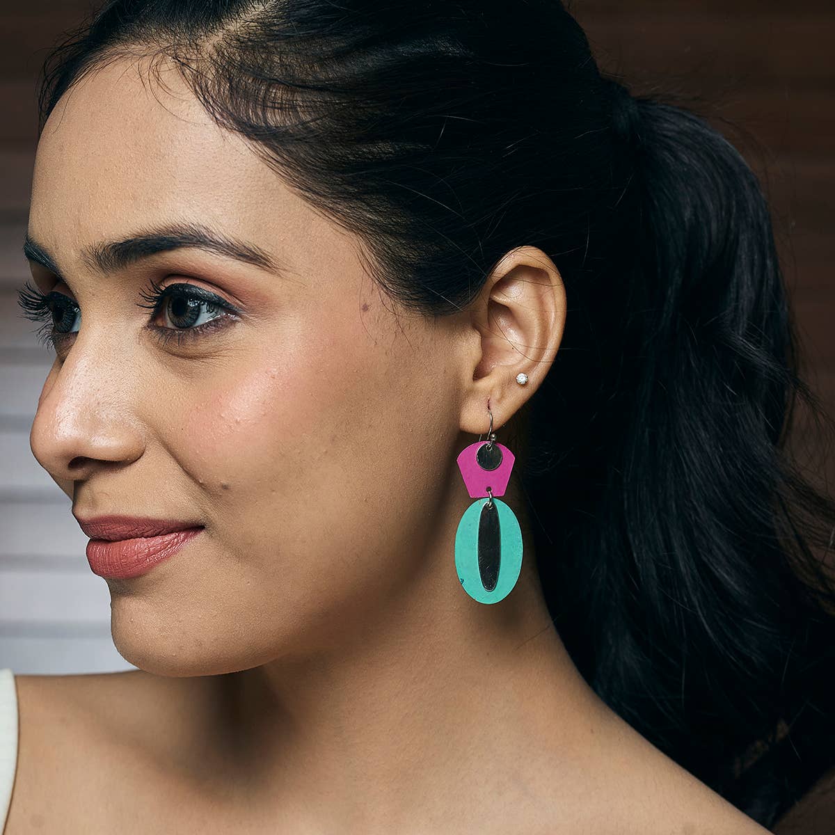 Handcrafted Fuchsia & Green Patina Geometric Drop Earrings