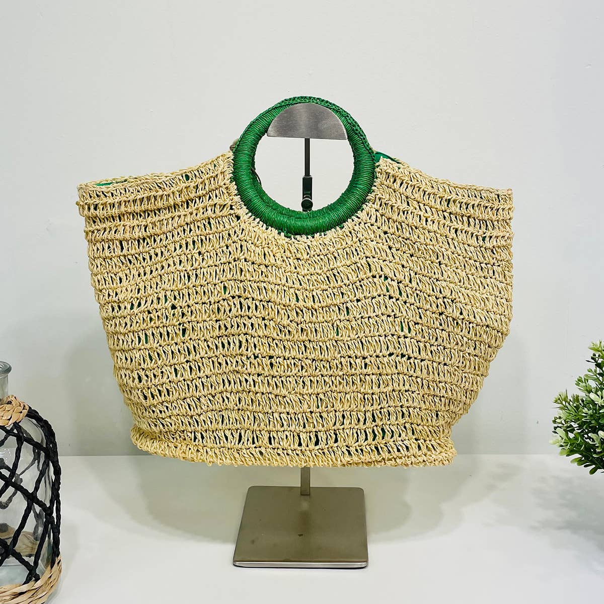 Cali Basket Raffia Bag with Colorful Wrapped Wooden Handle - Green