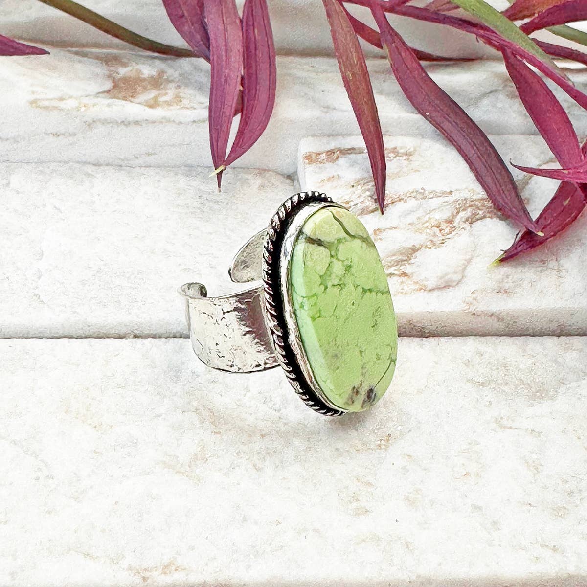 Handcrafted Kashi Semiprecious Stone Ring -Lemon Chrysoprase