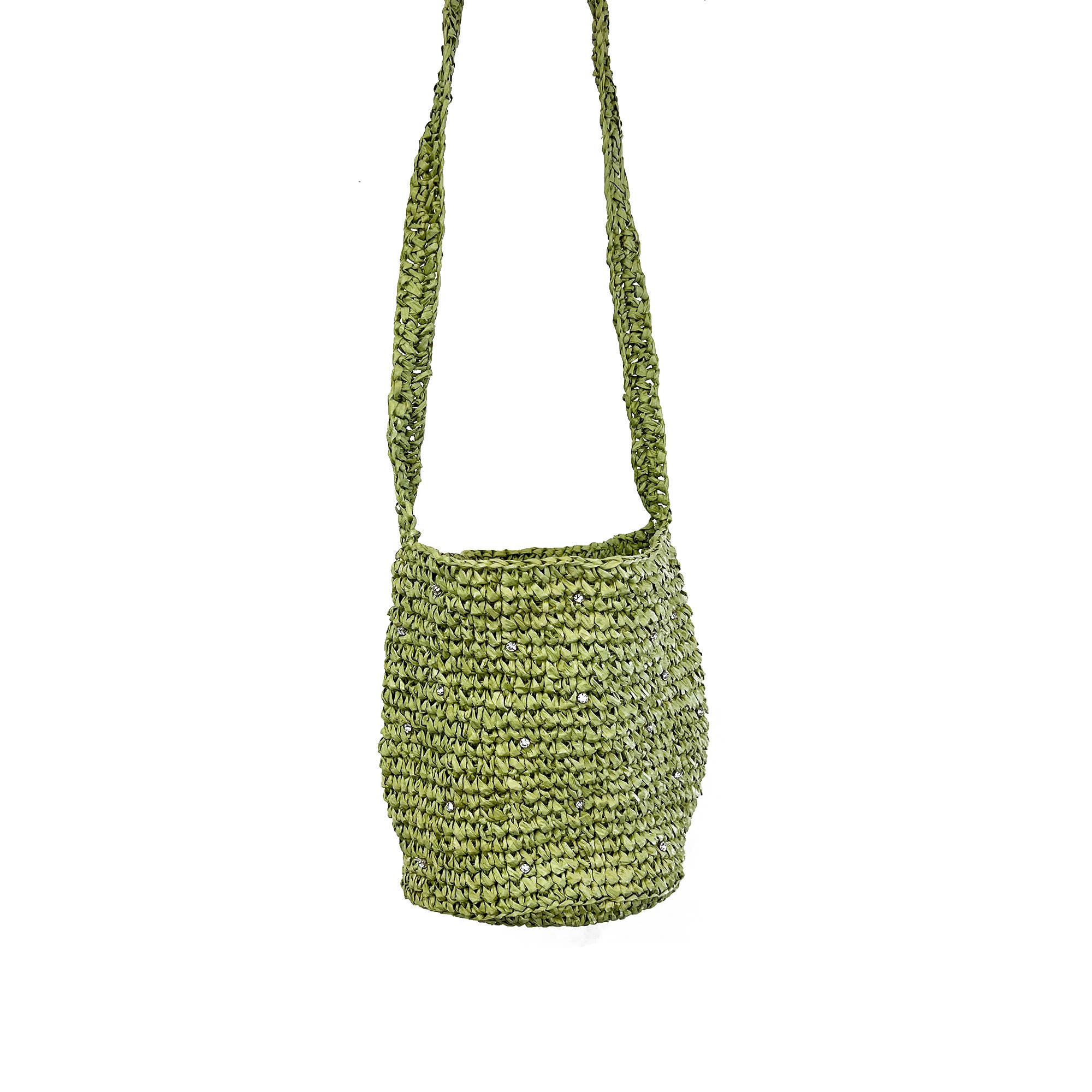 Sylvie Bag - Raffia Bucket Bag with Rhinestones - Sage Green