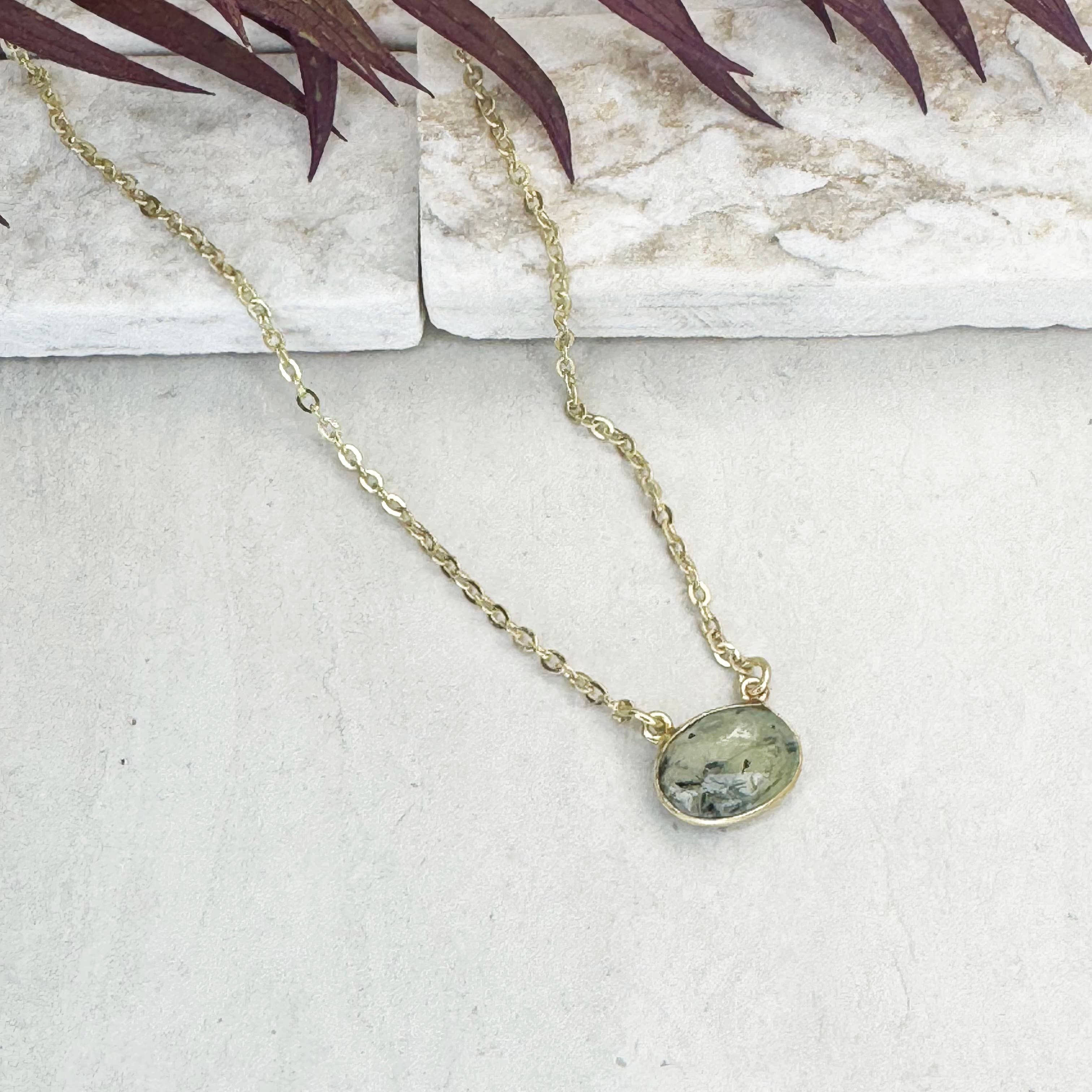 Gold Plated Necklace with Semi-Precious Stone - Prehnite
