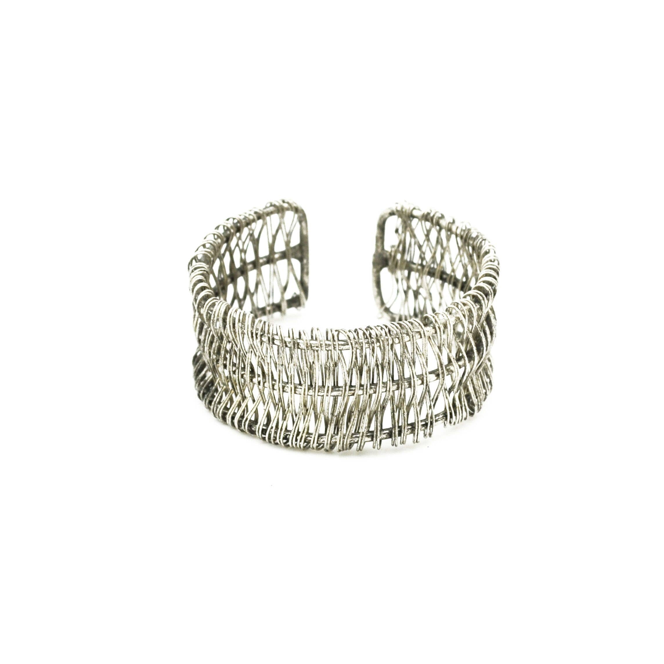 Basketweave Antique Silver Middle Bar Wrapped Cuff