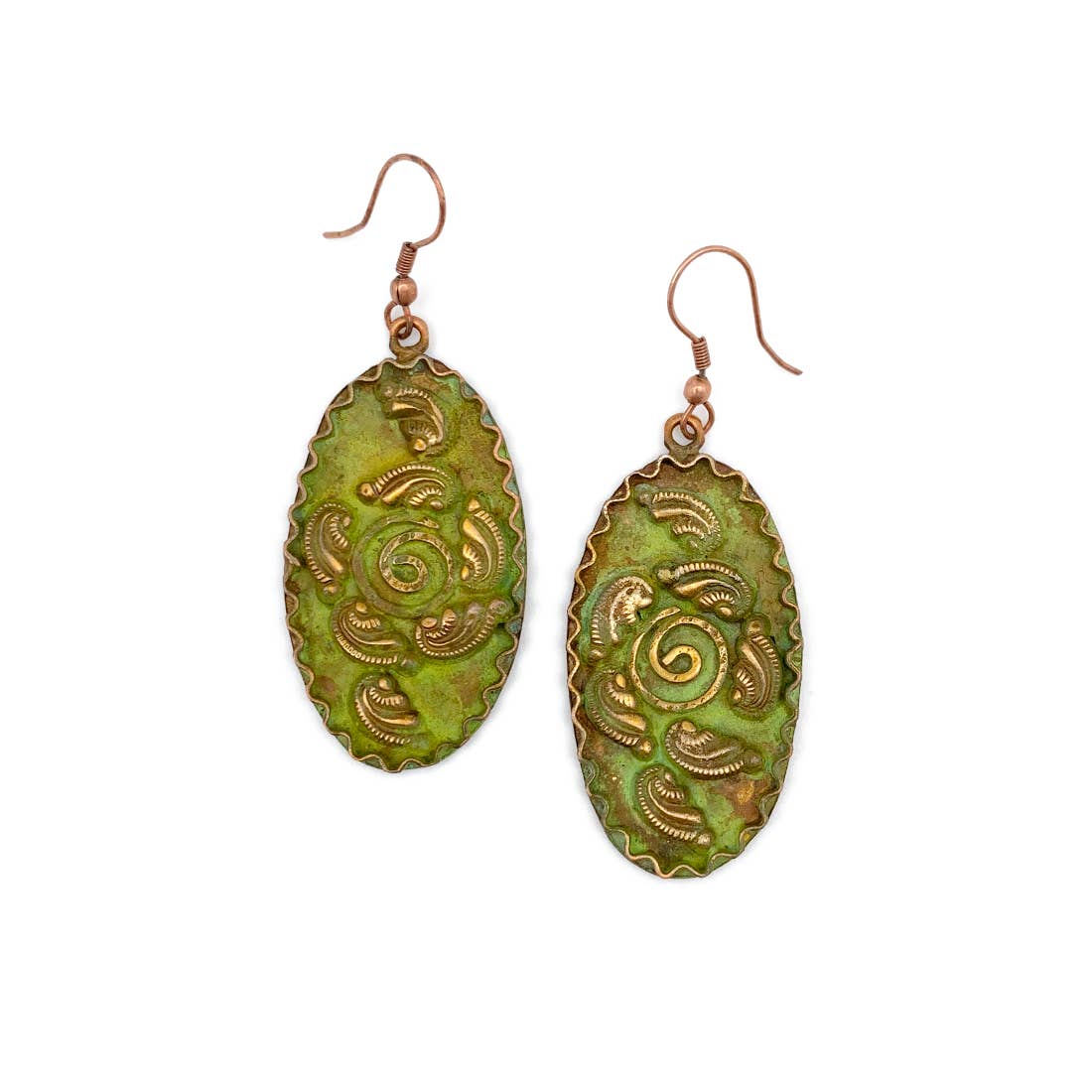 Copper Patina Earrings - Filigree with Spiral Green Ovals