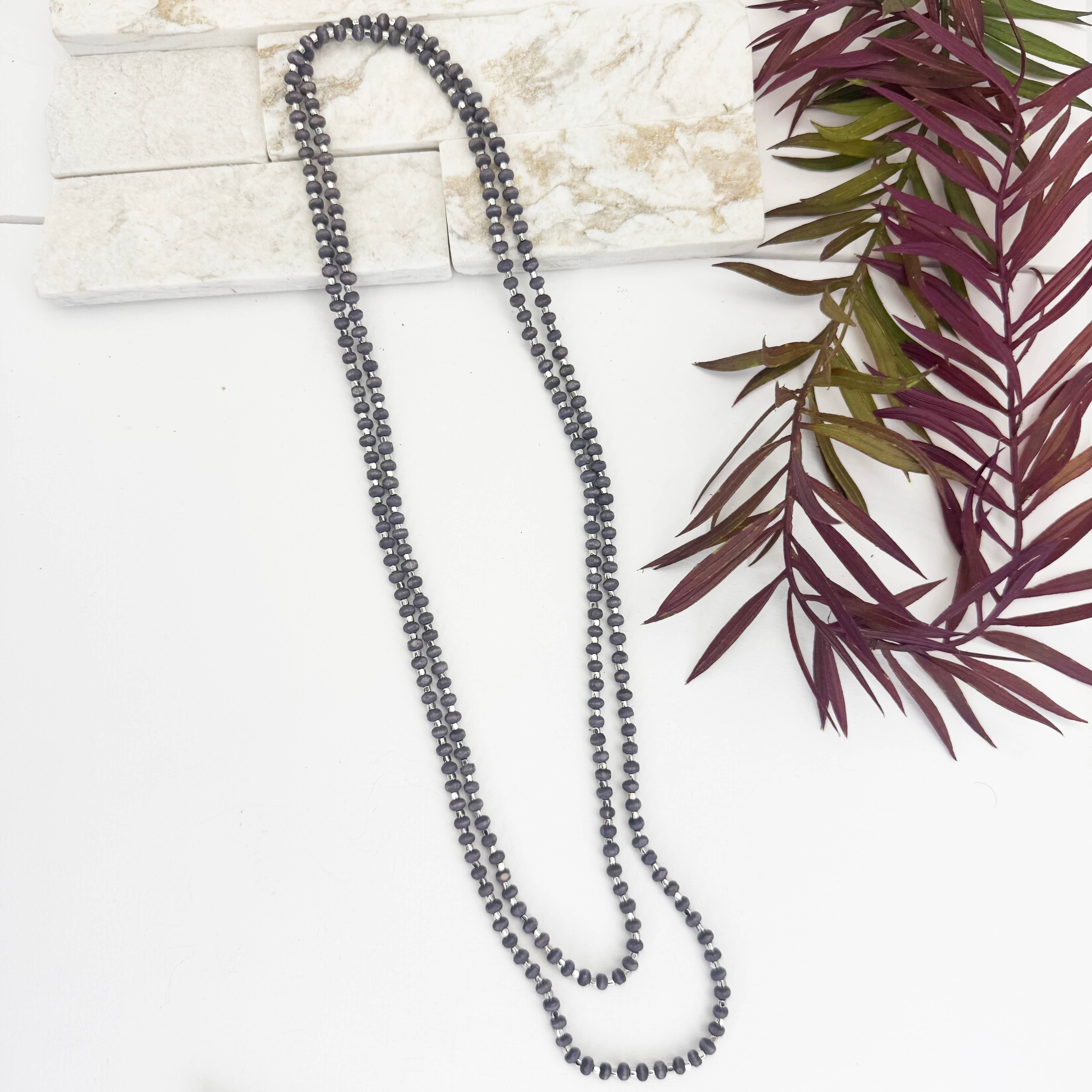 Sachi Long Wood Bead Necklace - Purple
