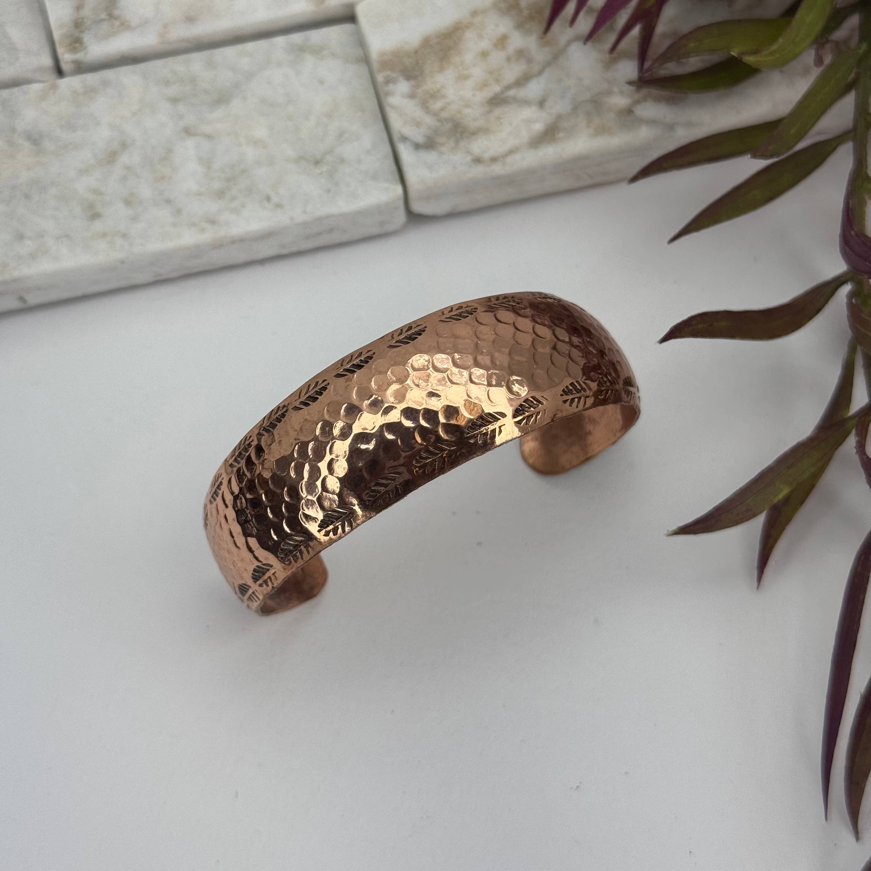 Handcrafted  Hammered Leaf Edge Copper Cuff