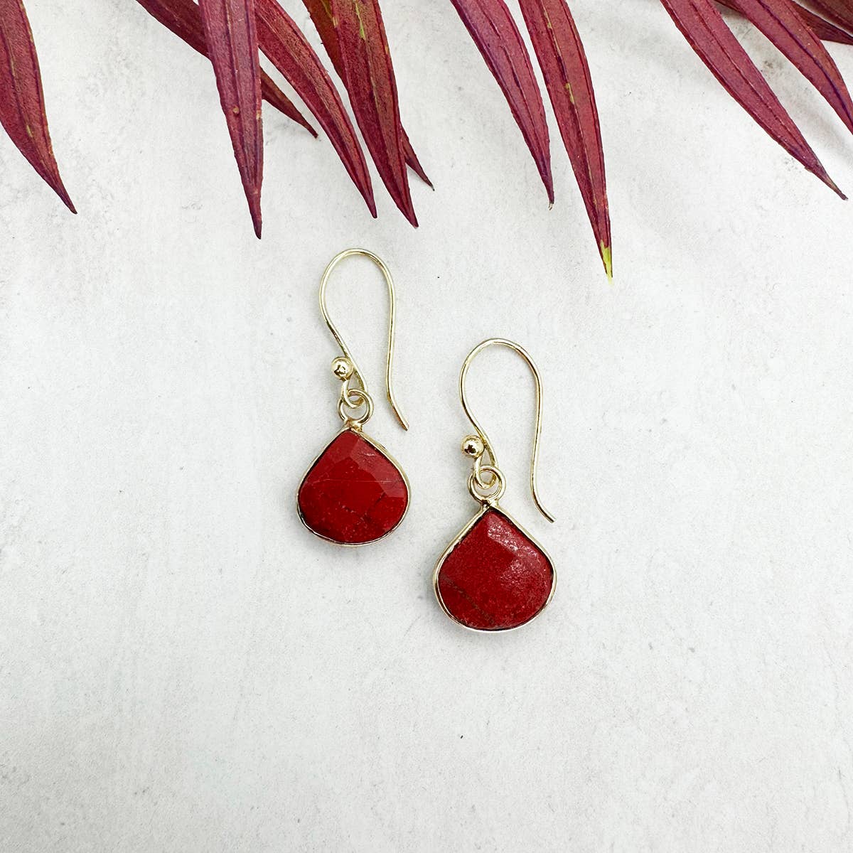 Gold Plated Earrings with Semi-Precious Stone - Red Jasper
