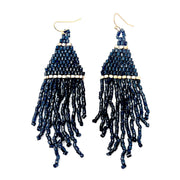 Seedbead Tapered Fringe Earrings - Navy