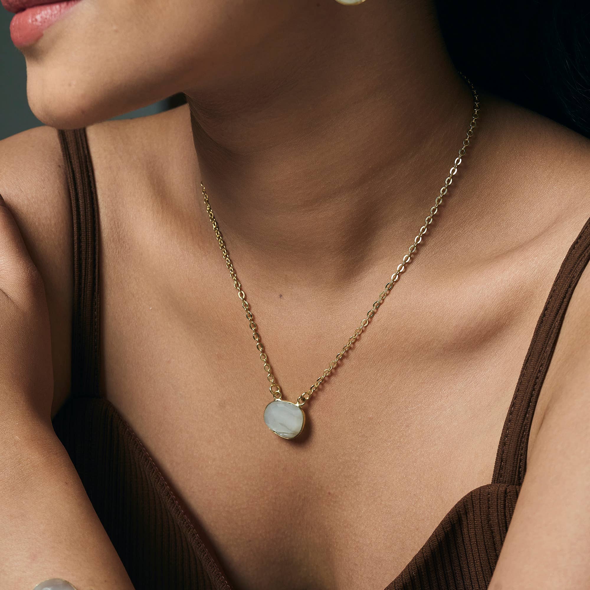 Gold Plated Necklace with Semi-Precious Stone - Moonstone