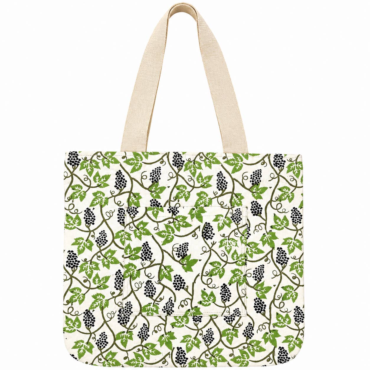 HandCrafted Block Printed Canvas Pocket Tote Grape Vine