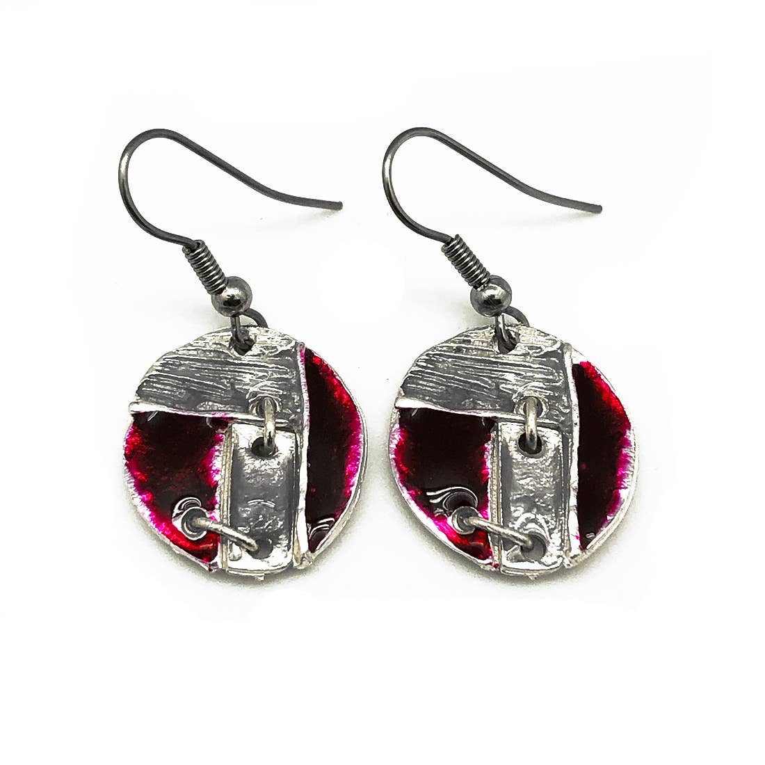 Pewter Earrings with Color Enamel - Raspberry/Grey