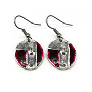 Pewter Earrings with Color Enamel - Raspberry/Grey