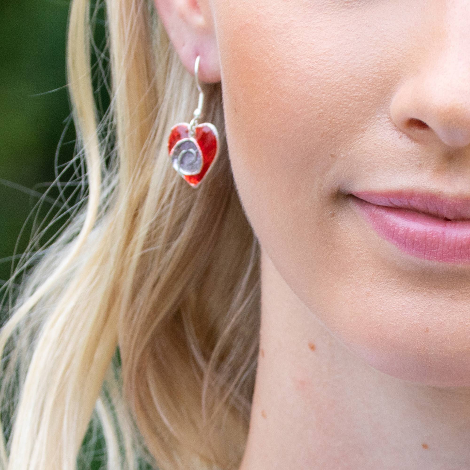 Pewter Earrings with Color Enamel - Red/Grey Heart