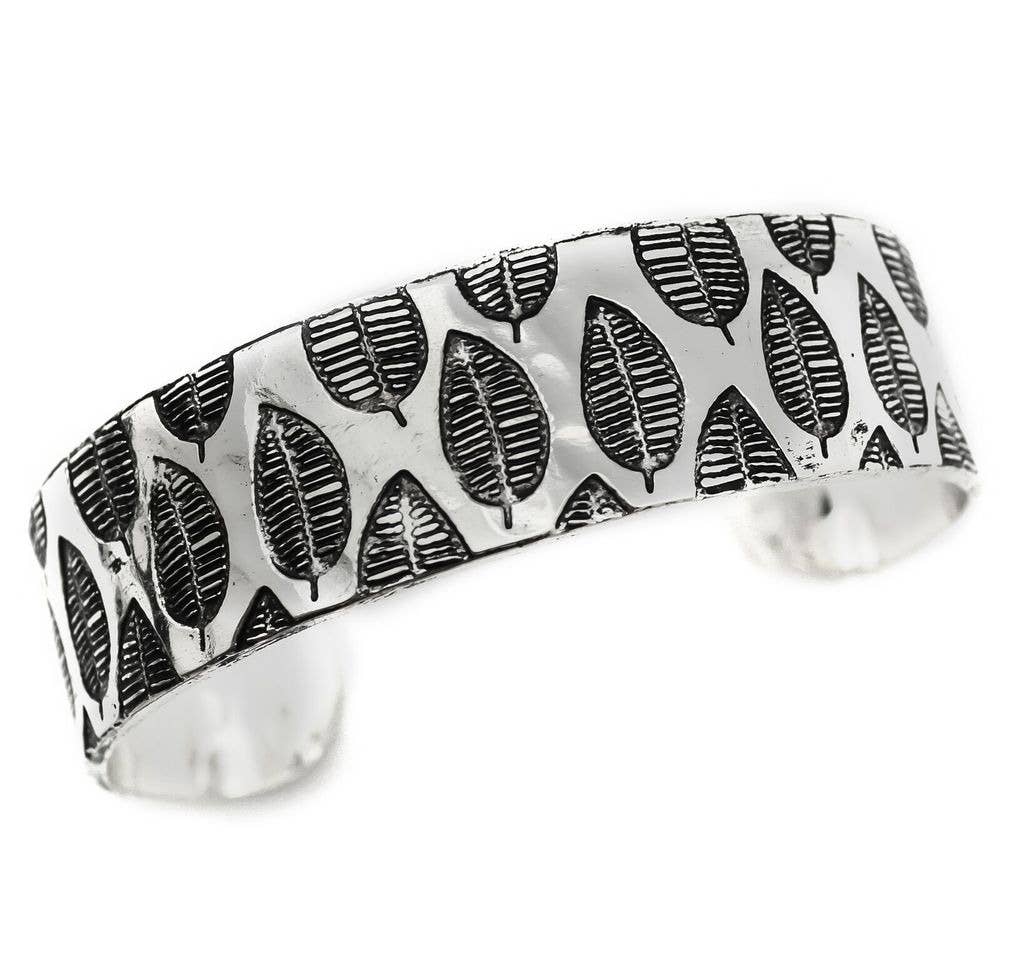 Modern Leaf Silver Engraved Cuff Bracelet