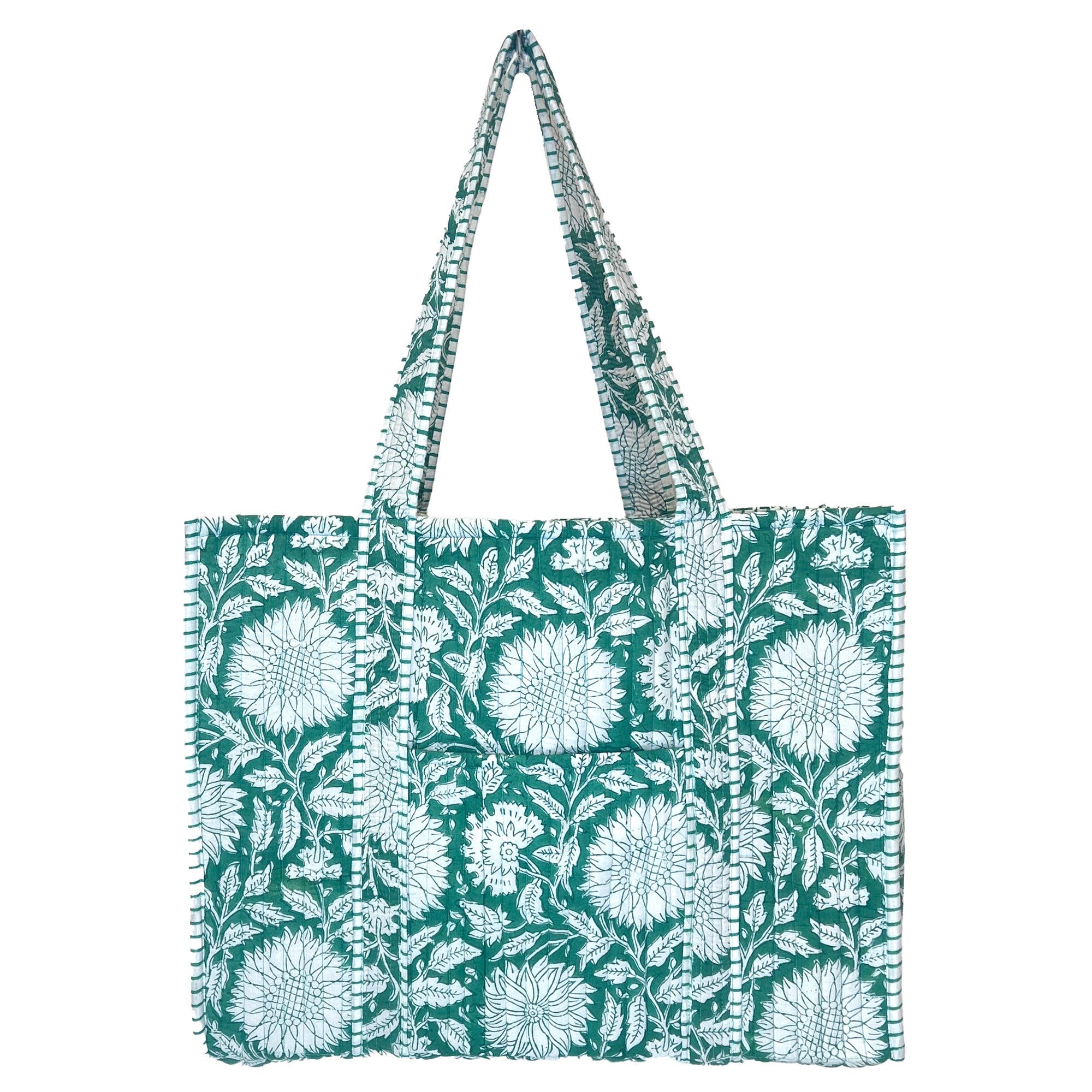 Hand Creafted Teal Dan Quilted Block-Printed Tote
