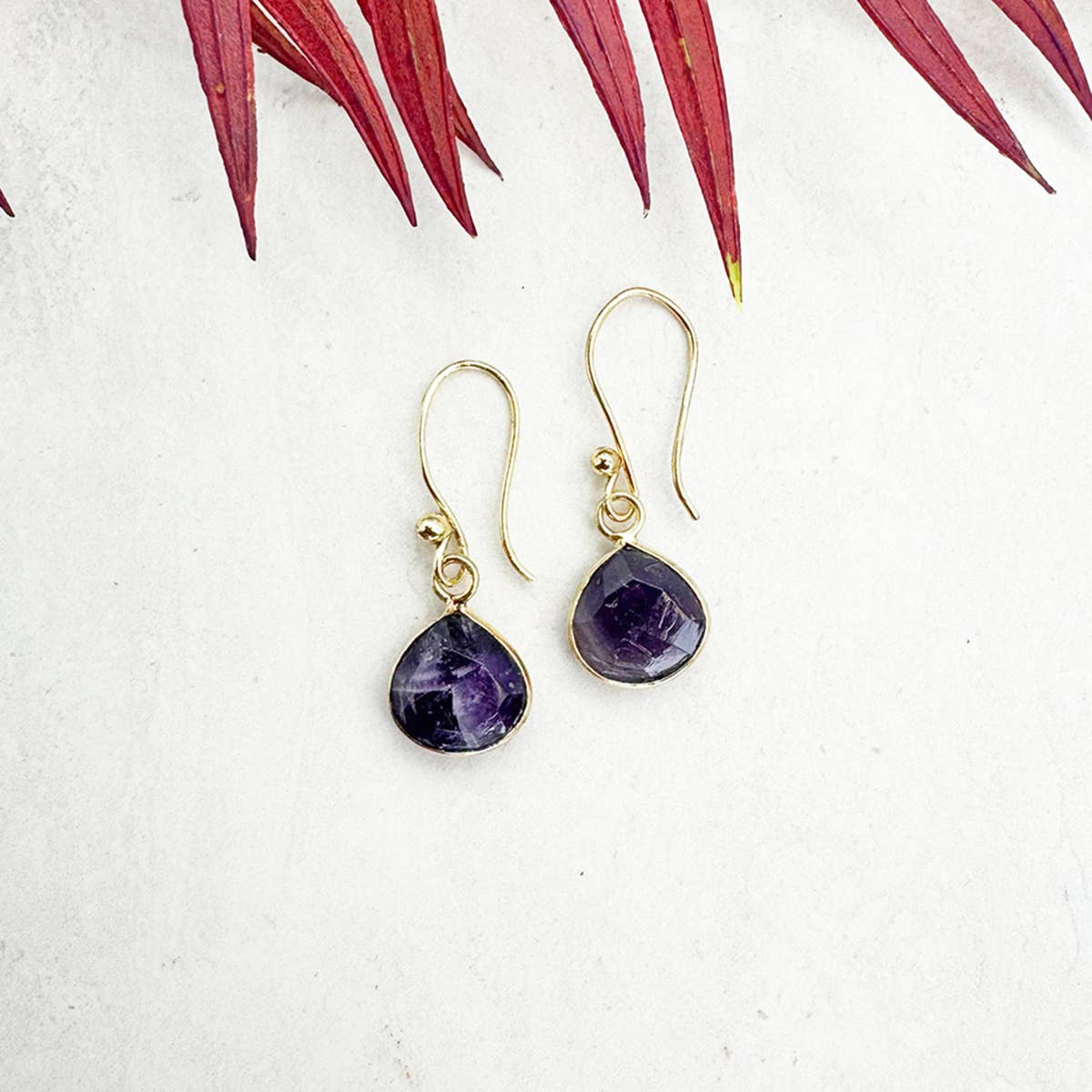 Gold Plated Earrings with Semi-Precious Stone - Amethyst