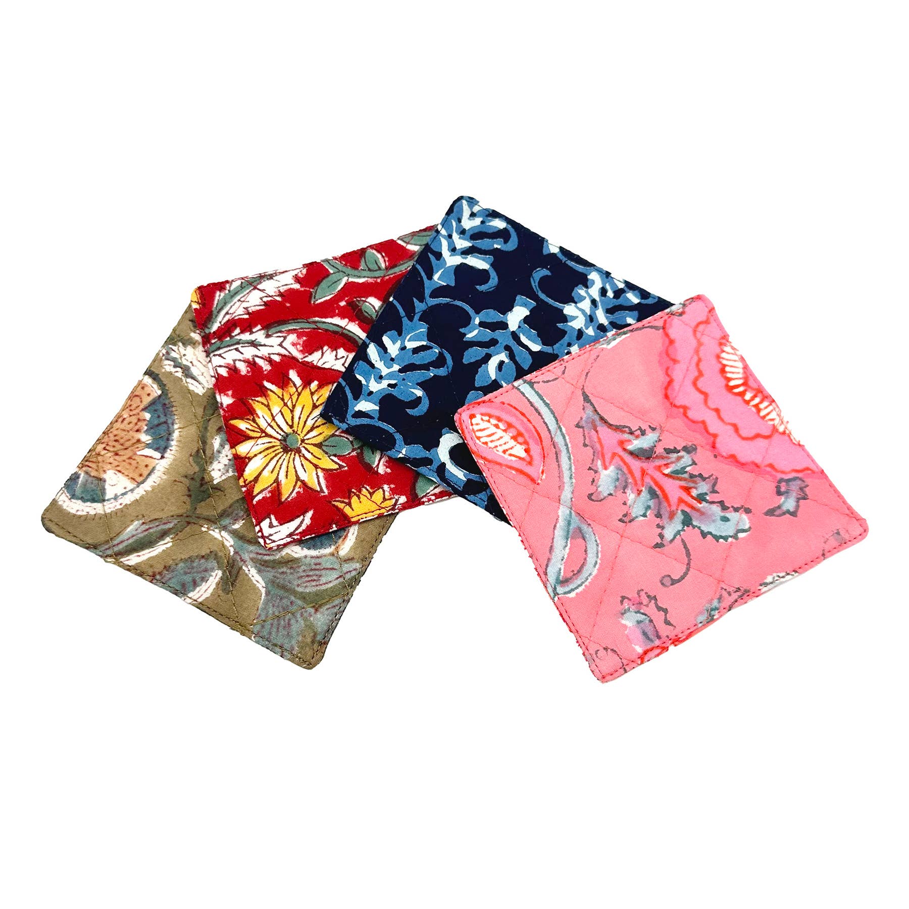 Block Printed Cotton Quilted Coaster Set - Set of 4 Assorted