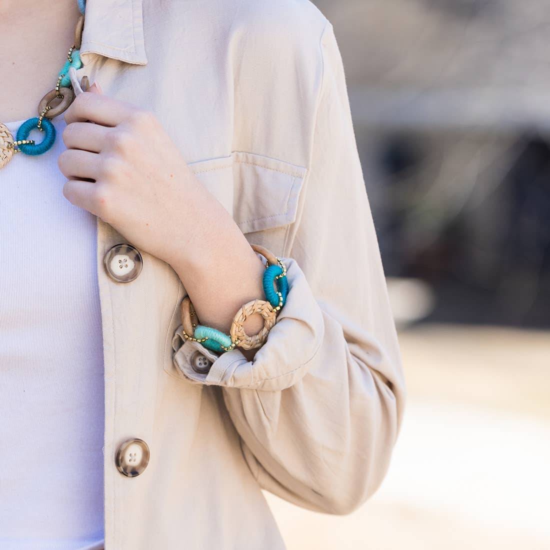 Sachi Bold Whimsy Collection Bracelet - Blue Rings, Rattan