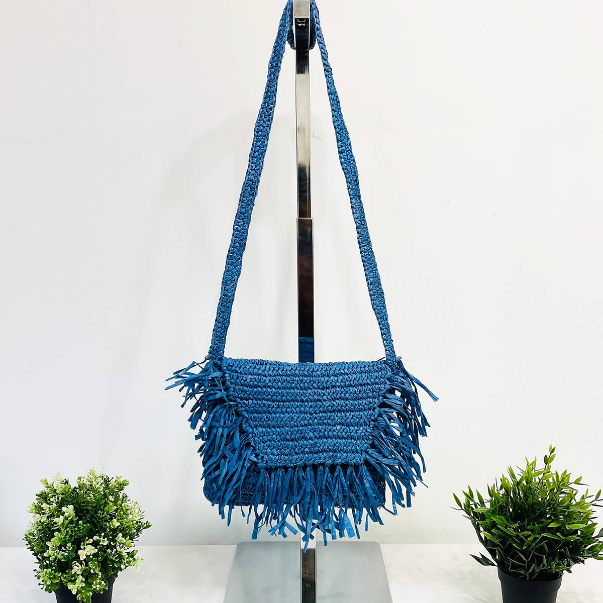 Rhea Bag - Raffia Fringe Envelope Crossbody Bag - Blue