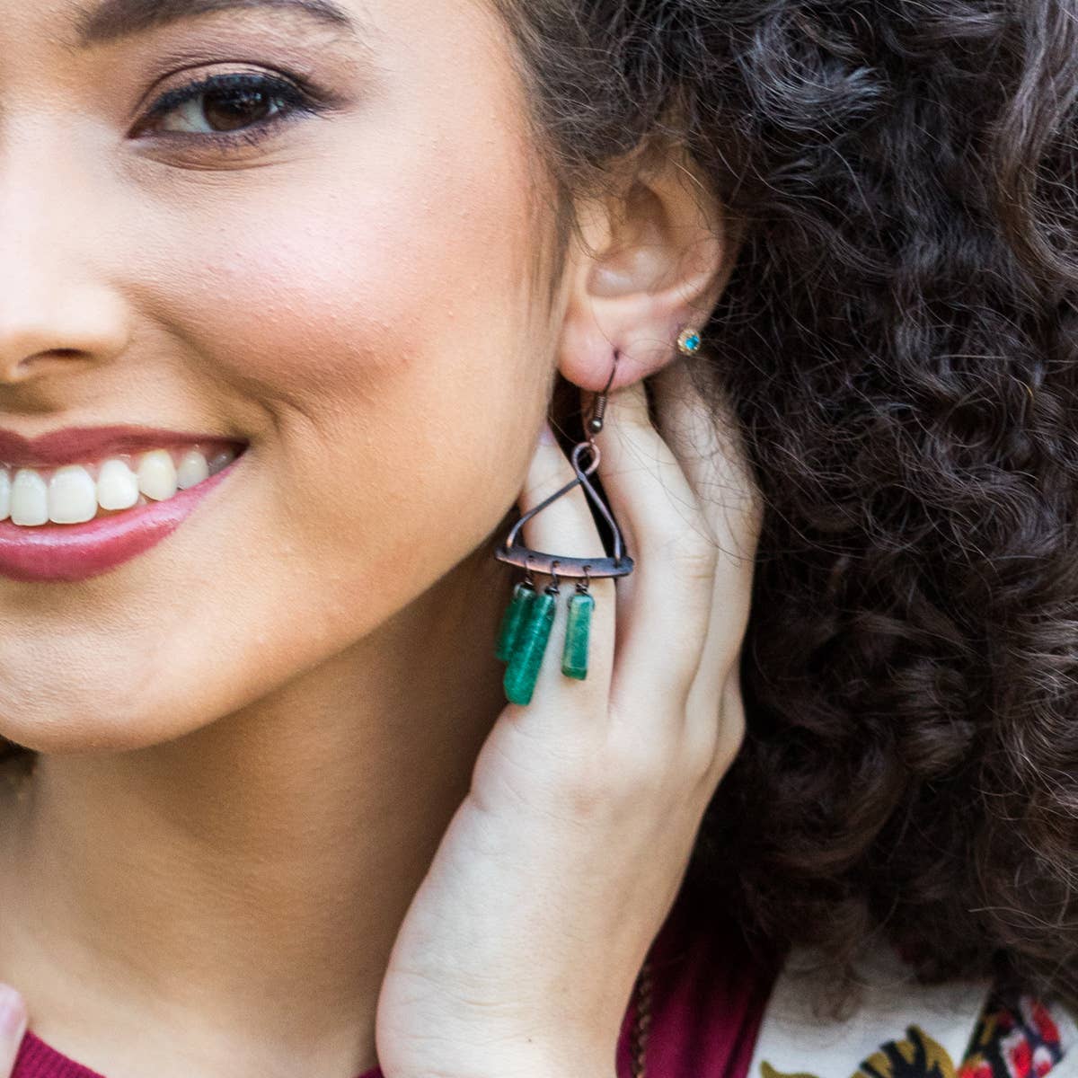 Handcrafted Antique Copper and Moss Agate Stone Earrings