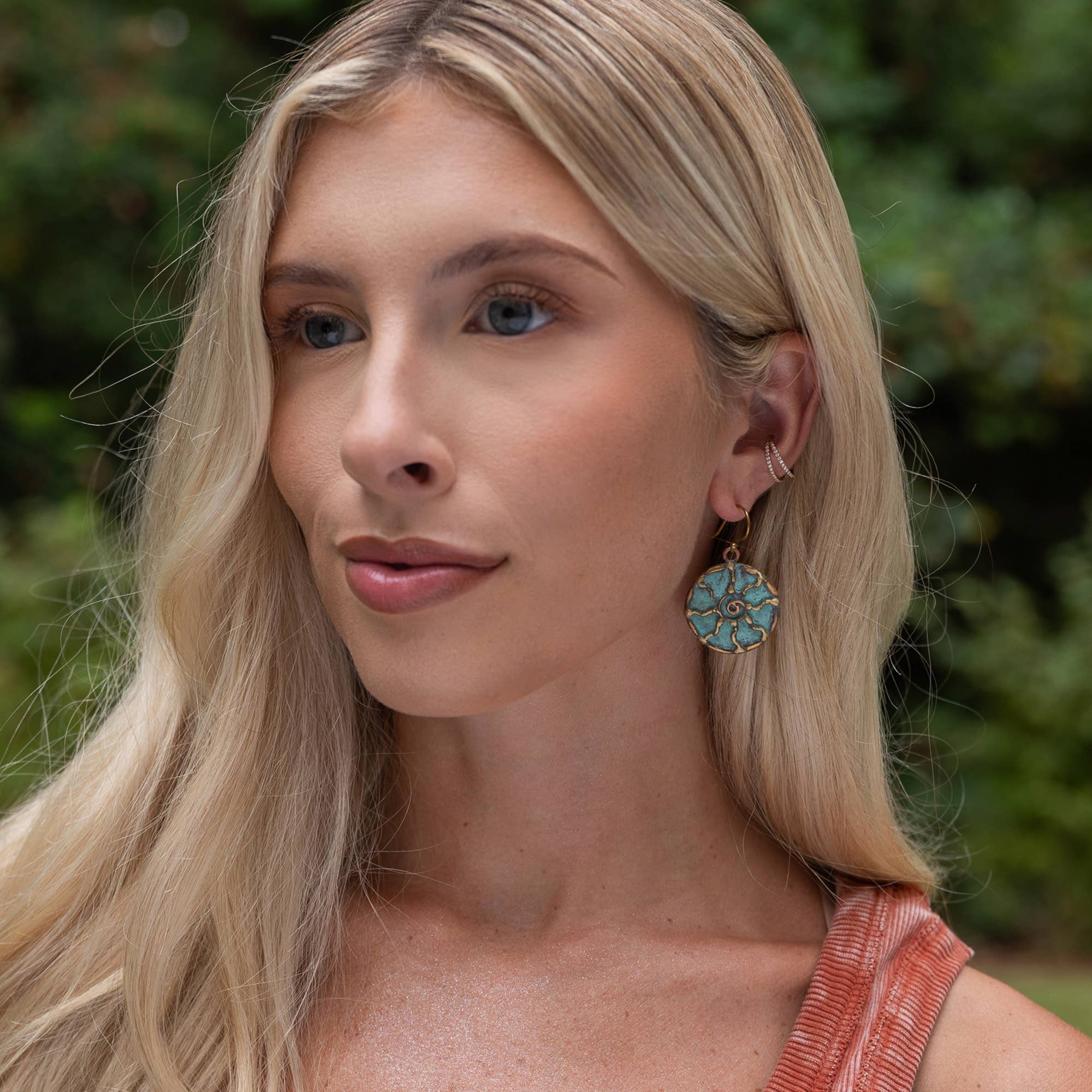 Handcrafted Verdigris Spiral Sun Brass Patina Earrings