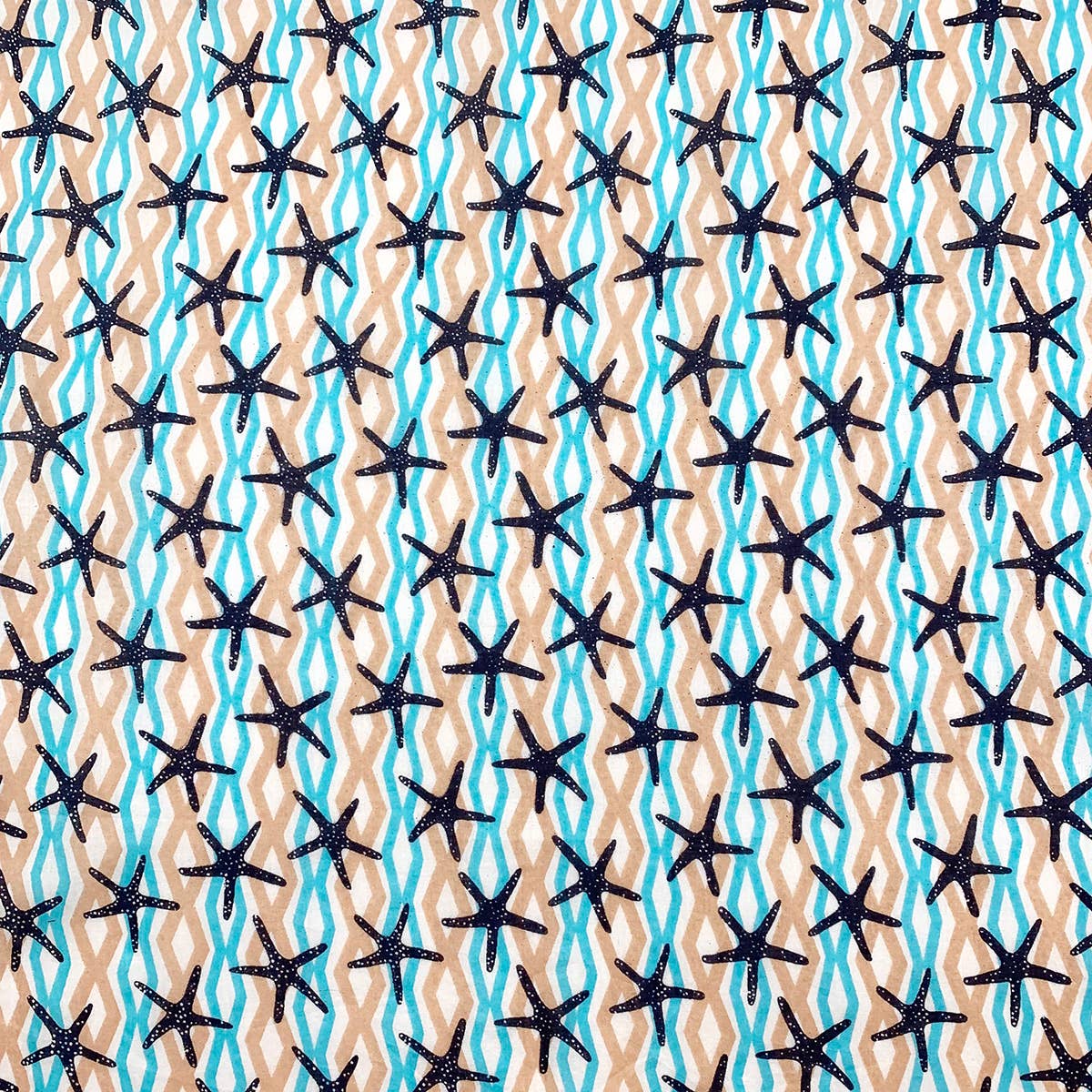 Block Printed Cotton Scarf - Sea Stars on Aqua and Tan Waves